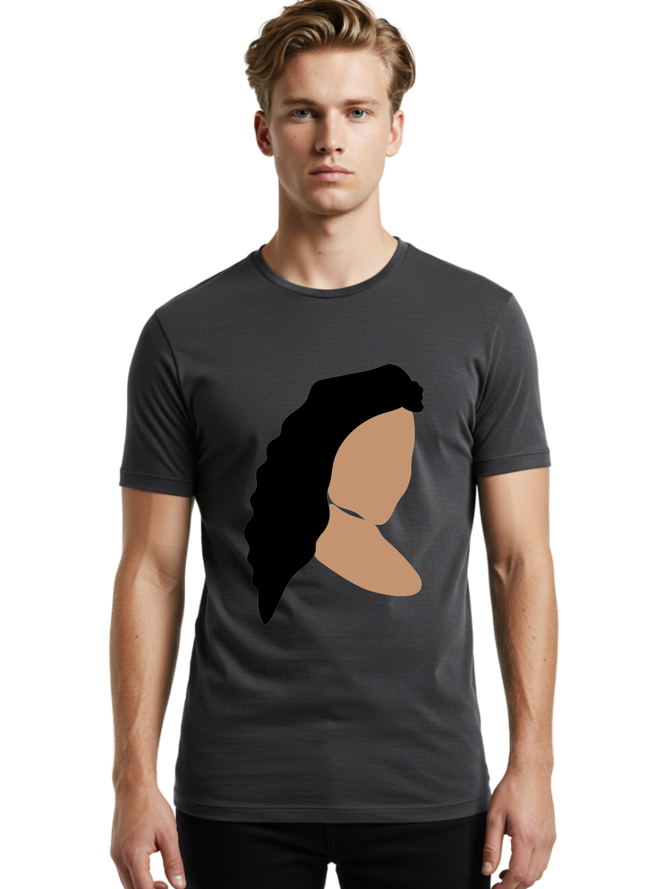 Woman-With-Faceless-Profile Men'S Graphic Tee, 100% Cotton, Comfortable Casual Summer Wear, Machine Washable, Woman With Long Hair, Female Profile, Abstract Portrait, Minimalist Design, Modern Art, Digital Illustration, Simple Shapes, Aae071