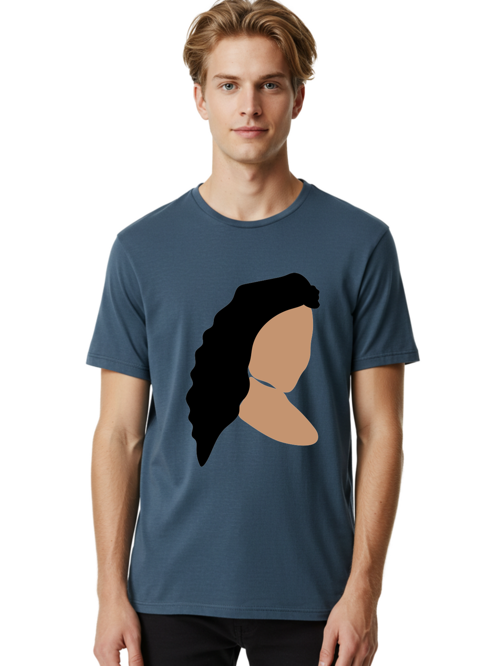 Woman-With-Faceless-Profile Men'S Graphic Tee, 100% Cotton, Comfortable Casual Summer Wear, Machine Washable, Woman With Long Hair, Female Profile, Abstract Portrait, Minimalist Design, Modern Art, Digital Illustration, Simple Shapes, Aae071