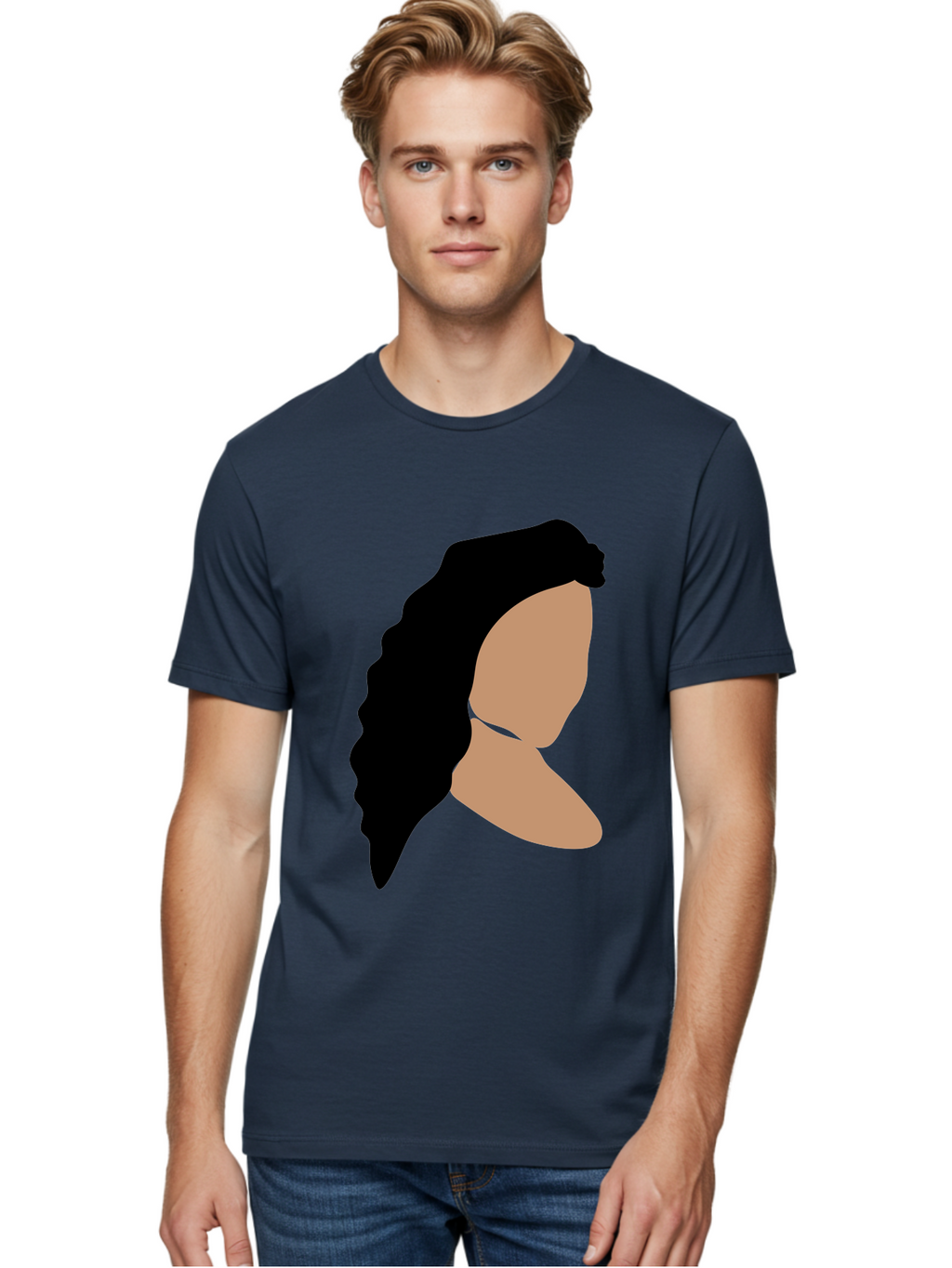 Woman-With-Faceless-Profile Men'S Graphic Tee, 100% Cotton, Comfortable Casual Summer Wear, Machine Washable, Woman With Long Hair, Female Profile, Abstract Portrait, Minimalist Design, Modern Art, Digital Illustration, Simple Shapes, Aae071