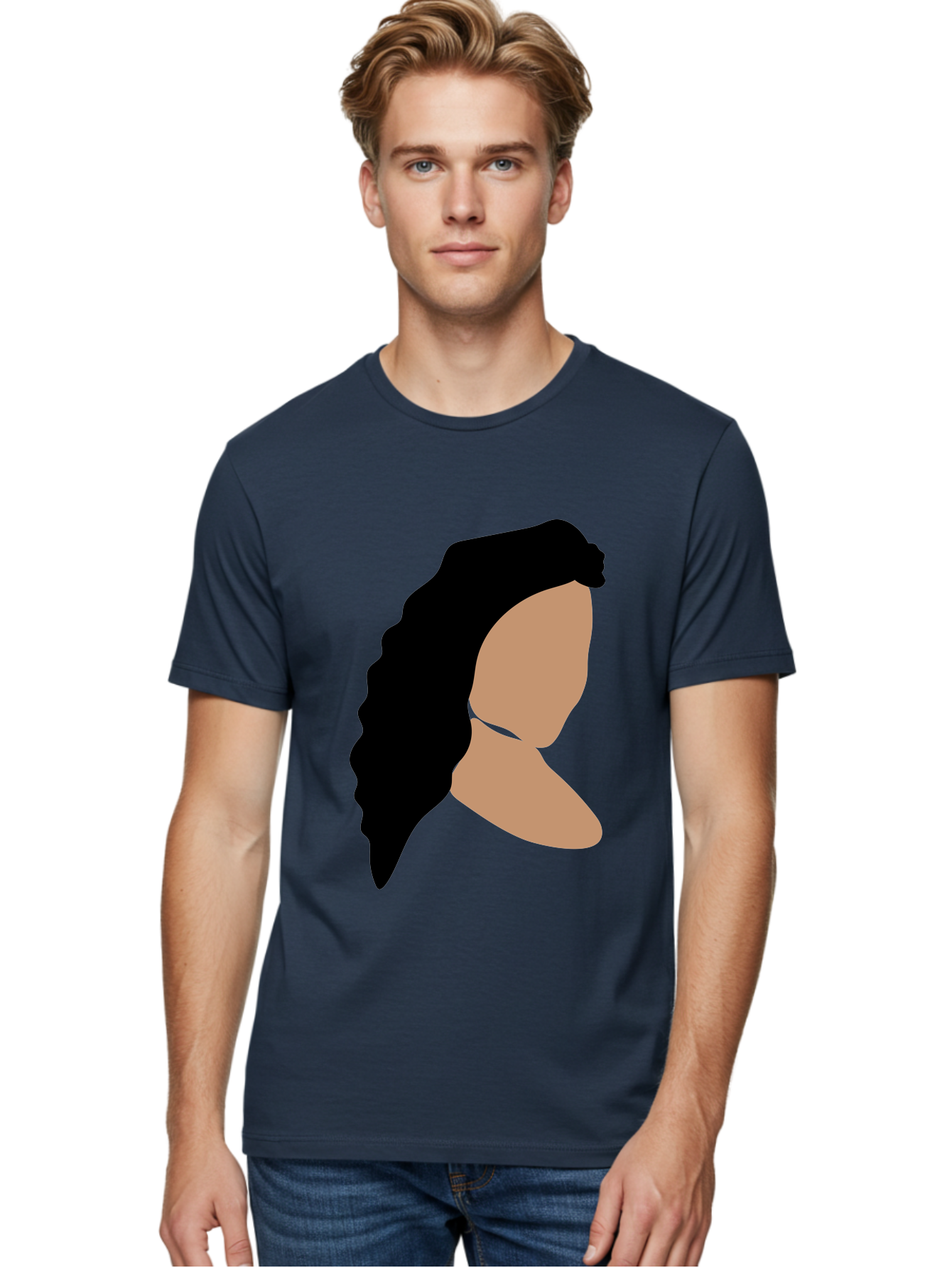 Woman-With-Faceless-Profile Men'S Graphic Tee, 100% Cotton, Comfortable Casual Summer Wear, Machine Washable, Woman With Long Hair, Female Profile, Abstract Portrait, Minimalist Design, Modern Art, Digital Illustration, Simple Shapes, Aae071