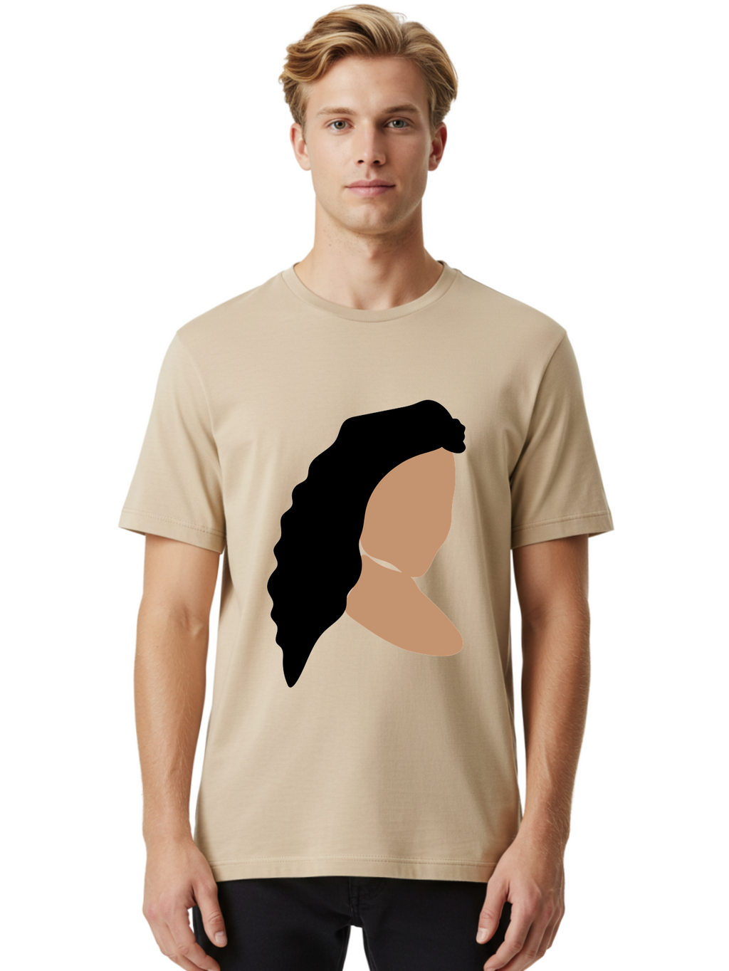 Woman-With-Faceless-Profile Men'S Graphic Tee, 100% Cotton, Comfortable Casual Summer Wear, Machine Washable, Woman With Long Hair, Female Profile, Abstract Portrait, Minimalist Design, Modern Art, Digital Illustration, Simple Shapes, Aae071