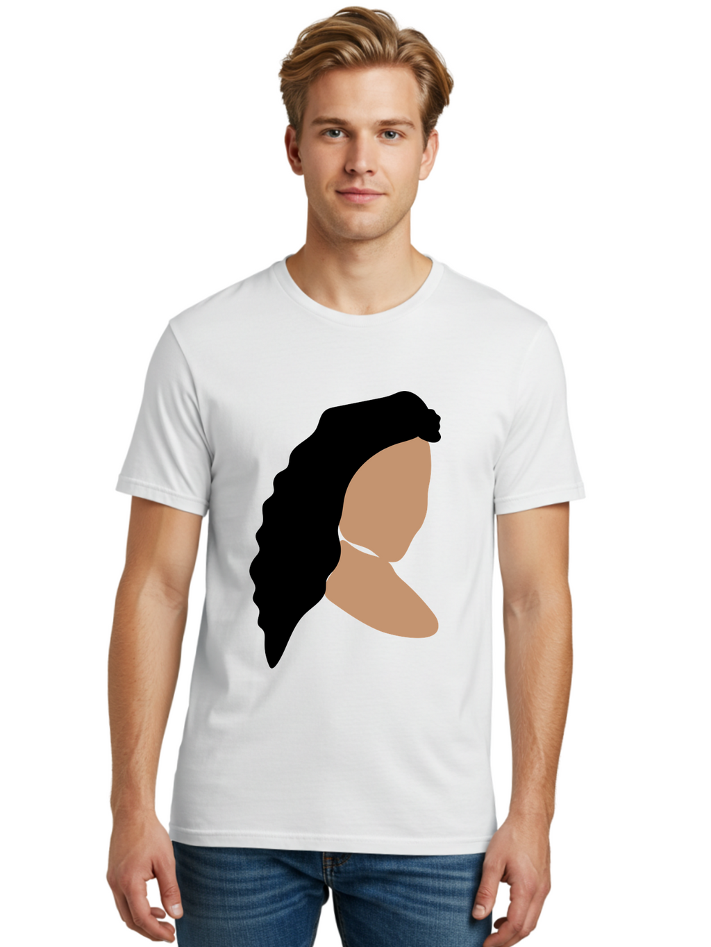 Woman-With-Faceless-Profile Men'S Graphic Tee, 100% Cotton, Comfortable Casual Summer Wear, Machine Washable, Woman With Long Hair, Female Profile, Abstract Portrait, Minimalist Design, Modern Art, Digital Illustration, Simple Shapes, Aae071