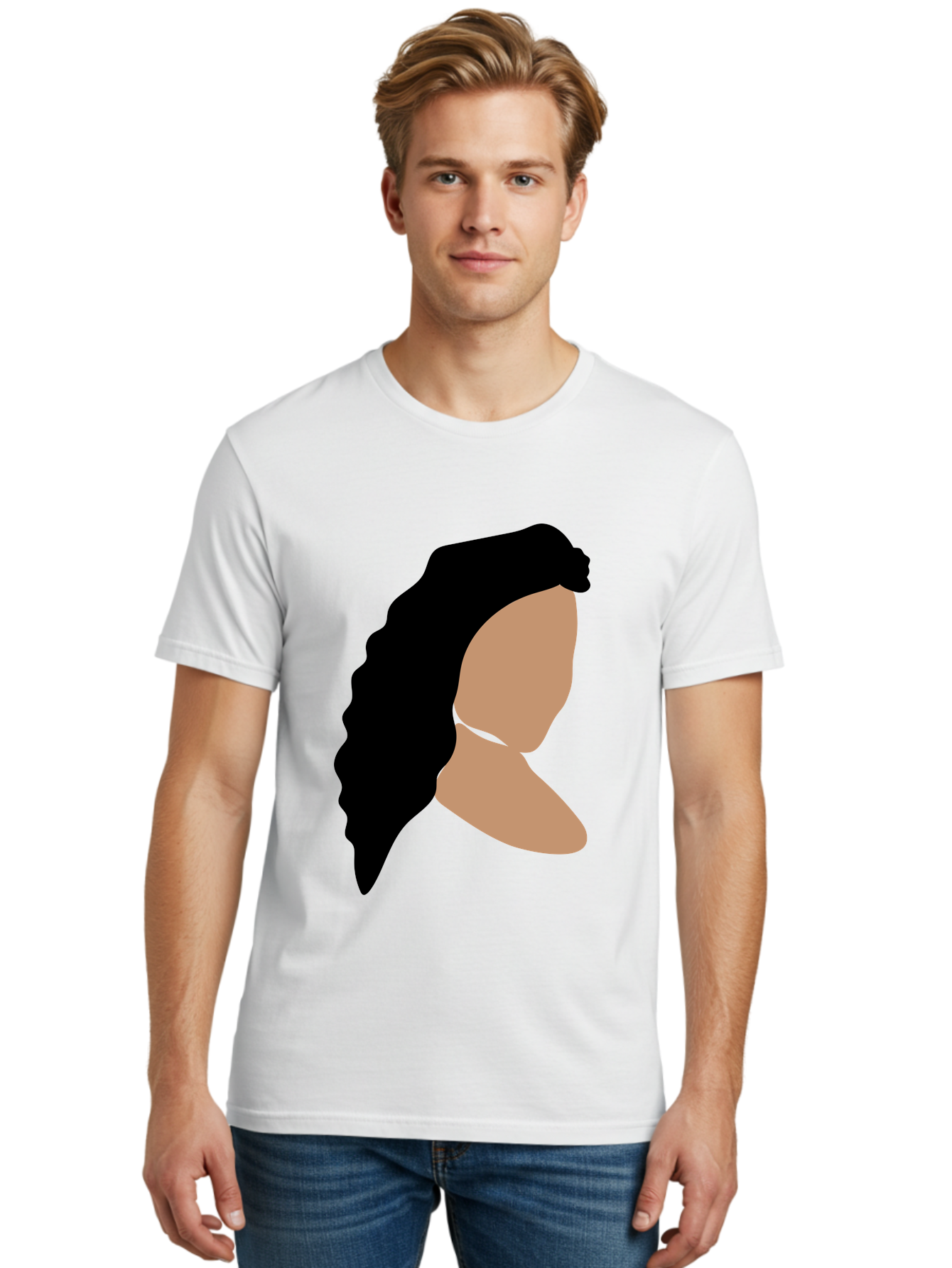 Woman-With-Faceless-Profile Men'S Graphic Tee, 100% Cotton, Comfortable Casual Summer Wear, Machine Washable, Woman With Long Hair, Female Profile, Abstract Portrait, Minimalist Design, Modern Art, Digital Illustration, Simple Shapes, Aae071
