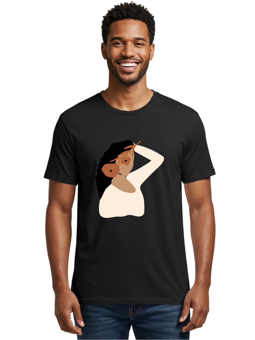 Woman-With-Flower-Earrings Men'S Graphic Tee, 100% Cotton, Comfortable Casual Summer Wear, Machine Washable, Woman With Comb In Hair, Stylized Portrait, Minimalist Art, Female Figure, Hair Accessory, Abstract Style, Modern Illustration, Aae072