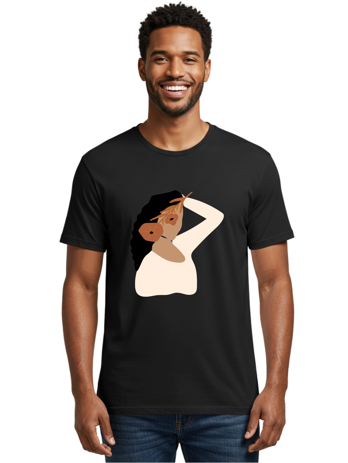 Woman-With-Flower-Earrings Men'S Graphic Tee, 100% Cotton, Comfortable Casual Summer Wear, Machine Washable, Woman With Comb In Hair, Stylized Portrait, Minimalist Art, Female Figure, Hair Accessory, Abstract Style, Modern Illustration, Aae072