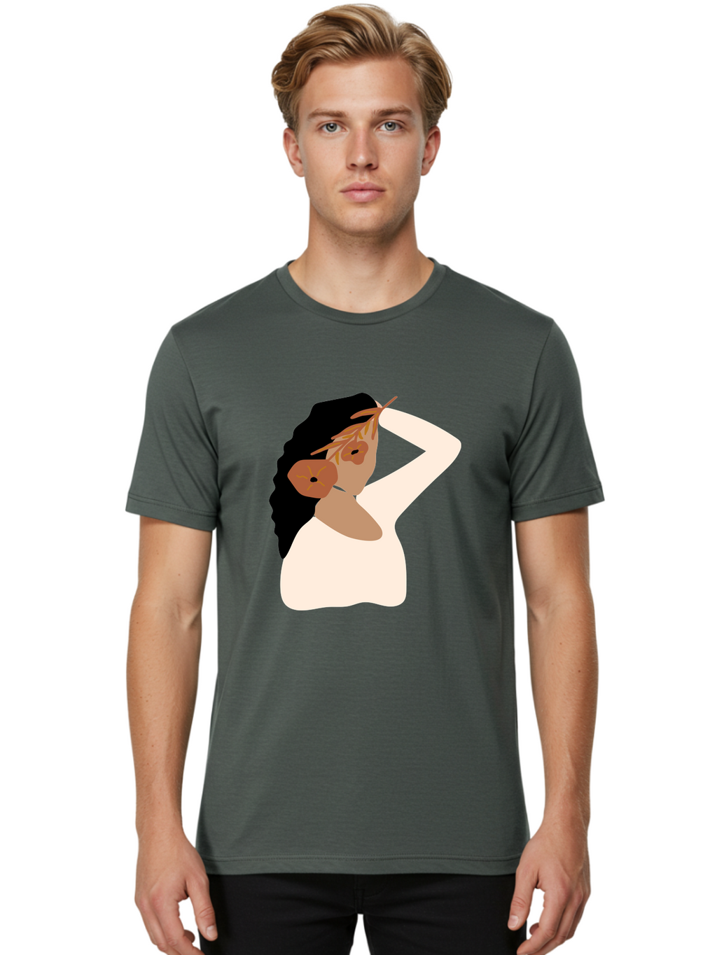 Woman-With-Flower-Earrings Men'S Graphic Tee, 100% Cotton, Comfortable Casual Summer Wear, Machine Washable, Woman With Comb In Hair, Stylized Portrait, Minimalist Art, Female Figure, Hair Accessory, Abstract Style, Modern Illustration, Aae072