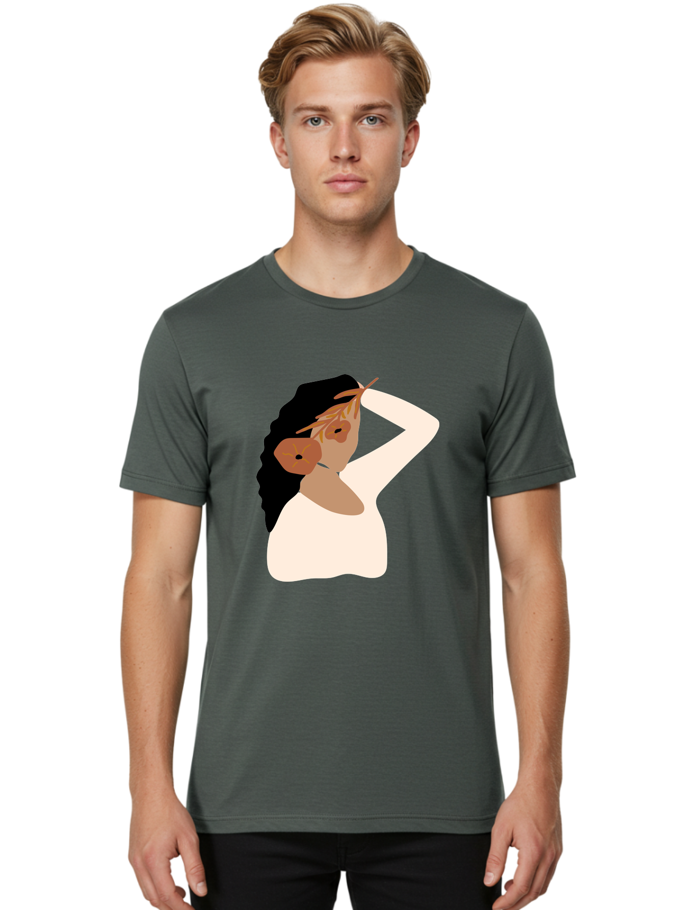 Woman-With-Flower-Earrings Men'S Graphic Tee, 100% Cotton, Comfortable Casual Summer Wear, Machine Washable, Woman With Comb In Hair, Stylized Portrait, Minimalist Art, Female Figure, Hair Accessory, Abstract Style, Modern Illustration, Aae072