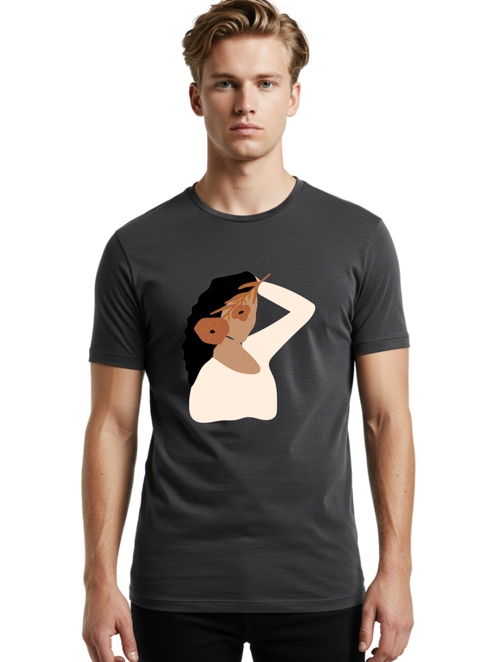 Woman-With-Flower-Earrings Men'S Graphic Tee, 100% Cotton, Comfortable Casual Summer Wear, Machine Washable, Woman With Comb In Hair, Stylized Portrait, Minimalist Art, Female Figure, Hair Accessory, Abstract Style, Modern Illustration, Aae072