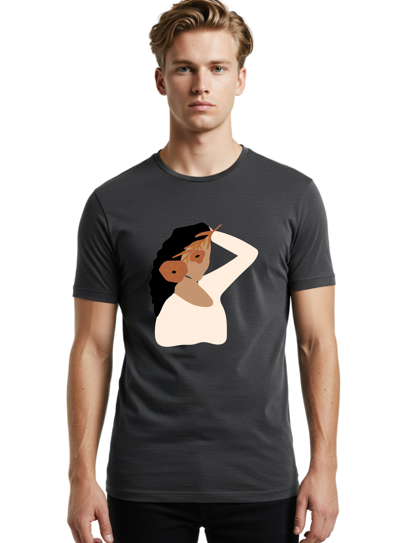 Woman-With-Flower-Earrings Men'S Graphic Tee, 100% Cotton, Comfortable Casual Summer Wear, Machine Washable, Woman With Comb In Hair, Stylized Portrait, Minimalist Art, Female Figure, Hair Accessory, Abstract Style, Modern Illustration, Aae072