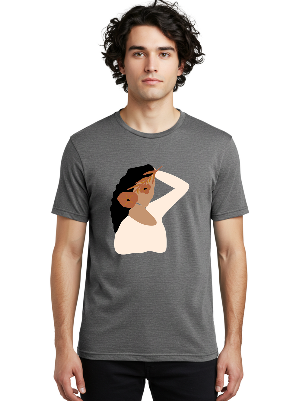 Woman-With-Flower-Earrings Men'S Graphic Tee, 100% Cotton, Comfortable Casual Summer Wear, Machine Washable, Woman With Comb In Hair, Stylized Portrait, Minimalist Art, Female Figure, Hair Accessory, Abstract Style, Modern Illustration, Aae072