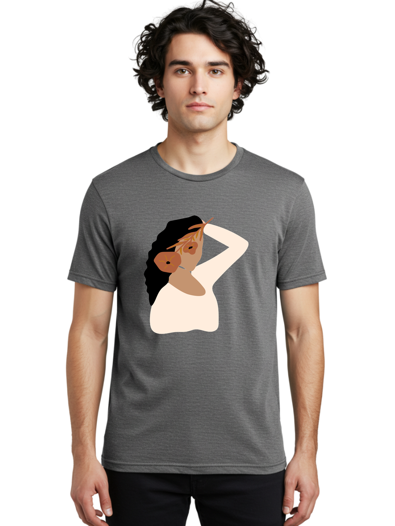 Woman-With-Flower-Earrings Men'S Graphic Tee, 100% Cotton, Comfortable Casual Summer Wear, Machine Washable, Woman With Comb In Hair, Stylized Portrait, Minimalist Art, Female Figure, Hair Accessory, Abstract Style, Modern Illustration, Aae072
