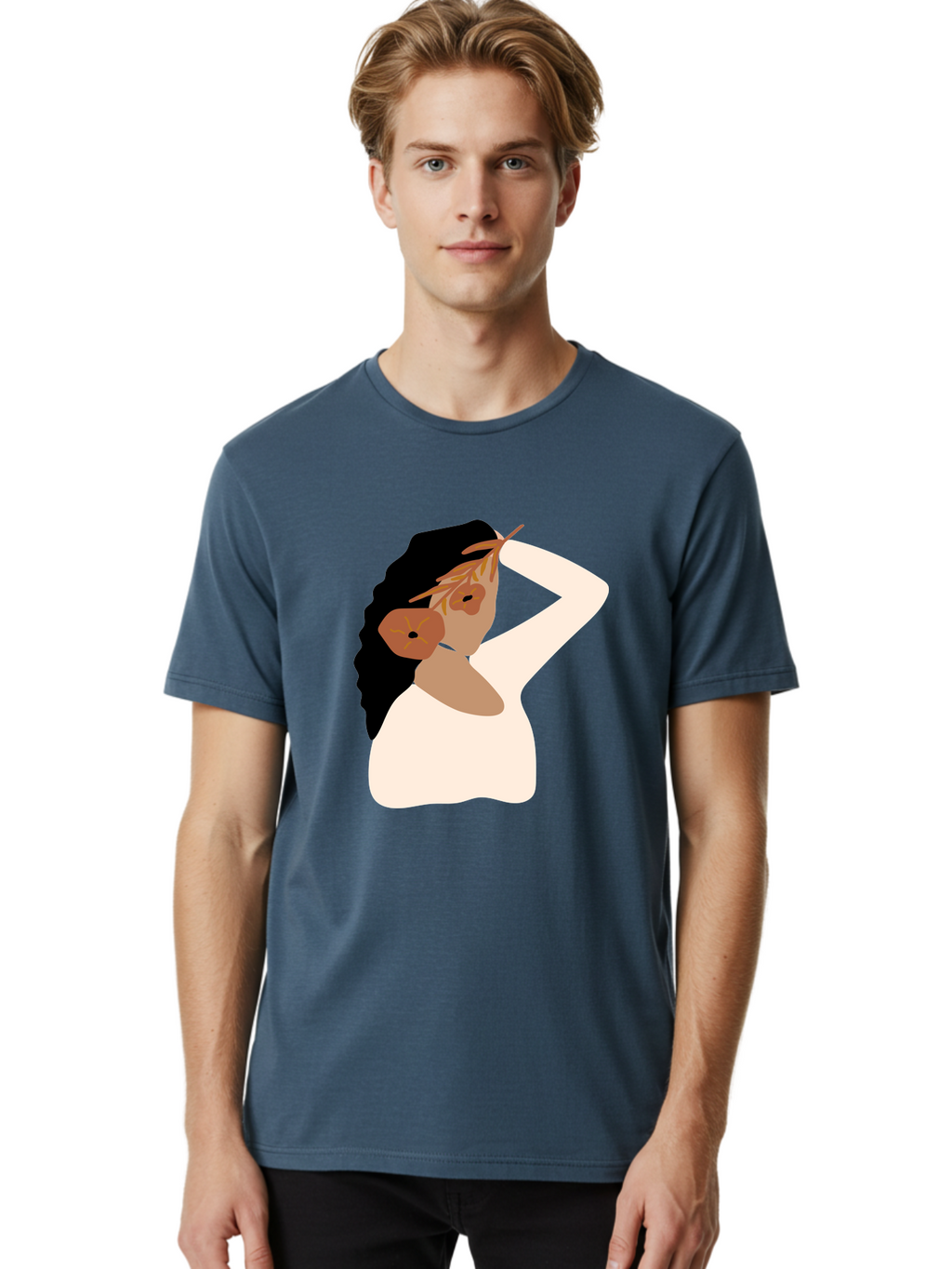 Woman-With-Flower-Earrings Men'S Graphic Tee, 100% Cotton, Comfortable Casual Summer Wear, Machine Washable, Woman With Comb In Hair, Stylized Portrait, Minimalist Art, Female Figure, Hair Accessory, Abstract Style, Modern Illustration, Aae072