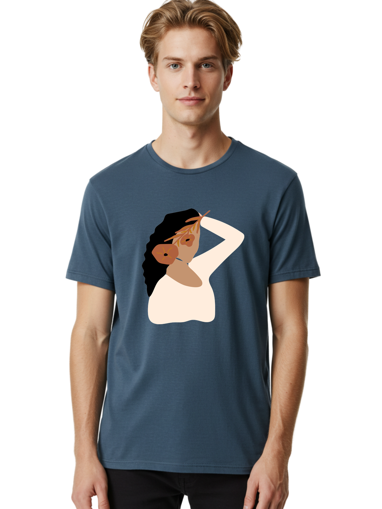 Woman-With-Flower-Earrings Men'S Graphic Tee, 100% Cotton, Comfortable Casual Summer Wear, Machine Washable, Woman With Comb In Hair, Stylized Portrait, Minimalist Art, Female Figure, Hair Accessory, Abstract Style, Modern Illustration, Aae072