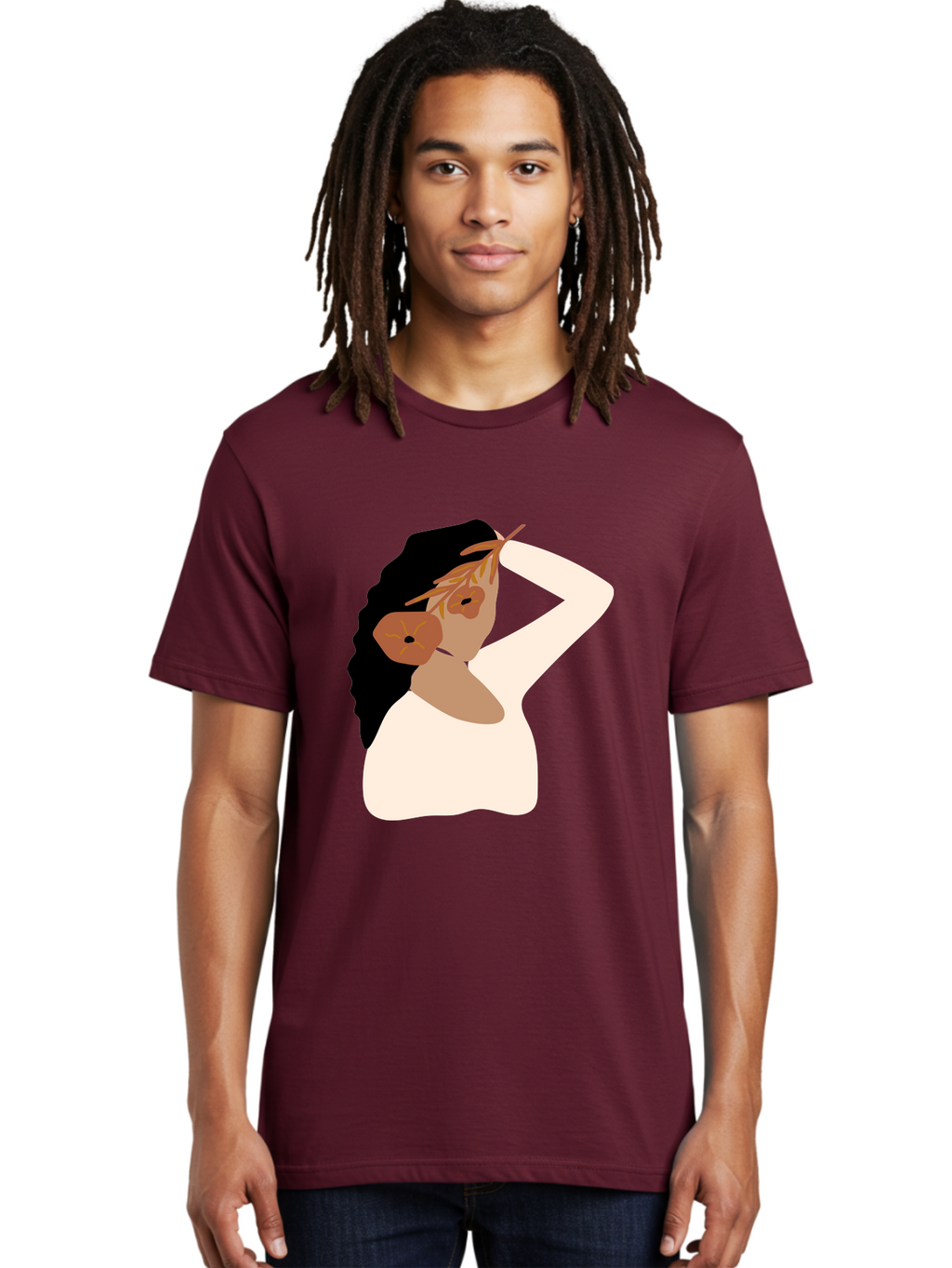 Woman-With-Flower-Earrings Men'S Graphic Tee, 100% Cotton, Comfortable Casual Summer Wear, Machine Washable, Woman With Comb In Hair, Stylized Portrait, Minimalist Art, Female Figure, Hair Accessory, Abstract Style, Modern Illustration, Aae072