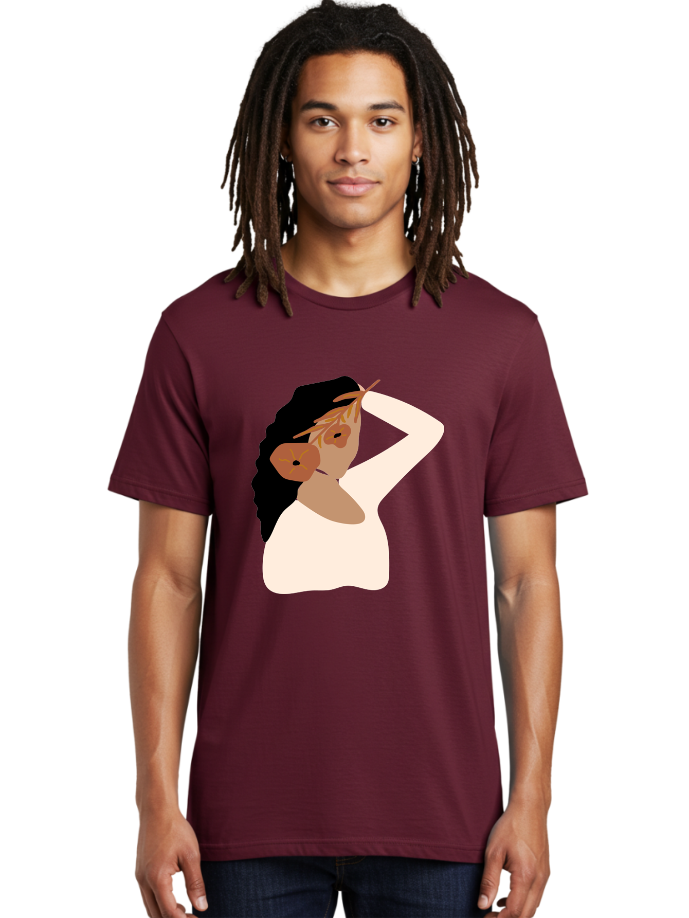 Woman-With-Flower-Earrings Men'S Graphic Tee, 100% Cotton, Comfortable Casual Summer Wear, Machine Washable, Woman With Comb In Hair, Stylized Portrait, Minimalist Art, Female Figure, Hair Accessory, Abstract Style, Modern Illustration, Aae072