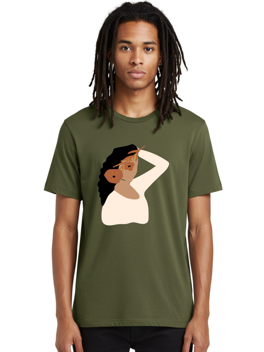 Woman-With-Flower-Earrings Men'S Graphic Tee, 100% Cotton, Comfortable Casual Summer Wear, Machine Washable, Woman With Comb In Hair, Stylized Portrait, Minimalist Art, Female Figure, Hair Accessory, Abstract Style, Modern Illustration, Aae072