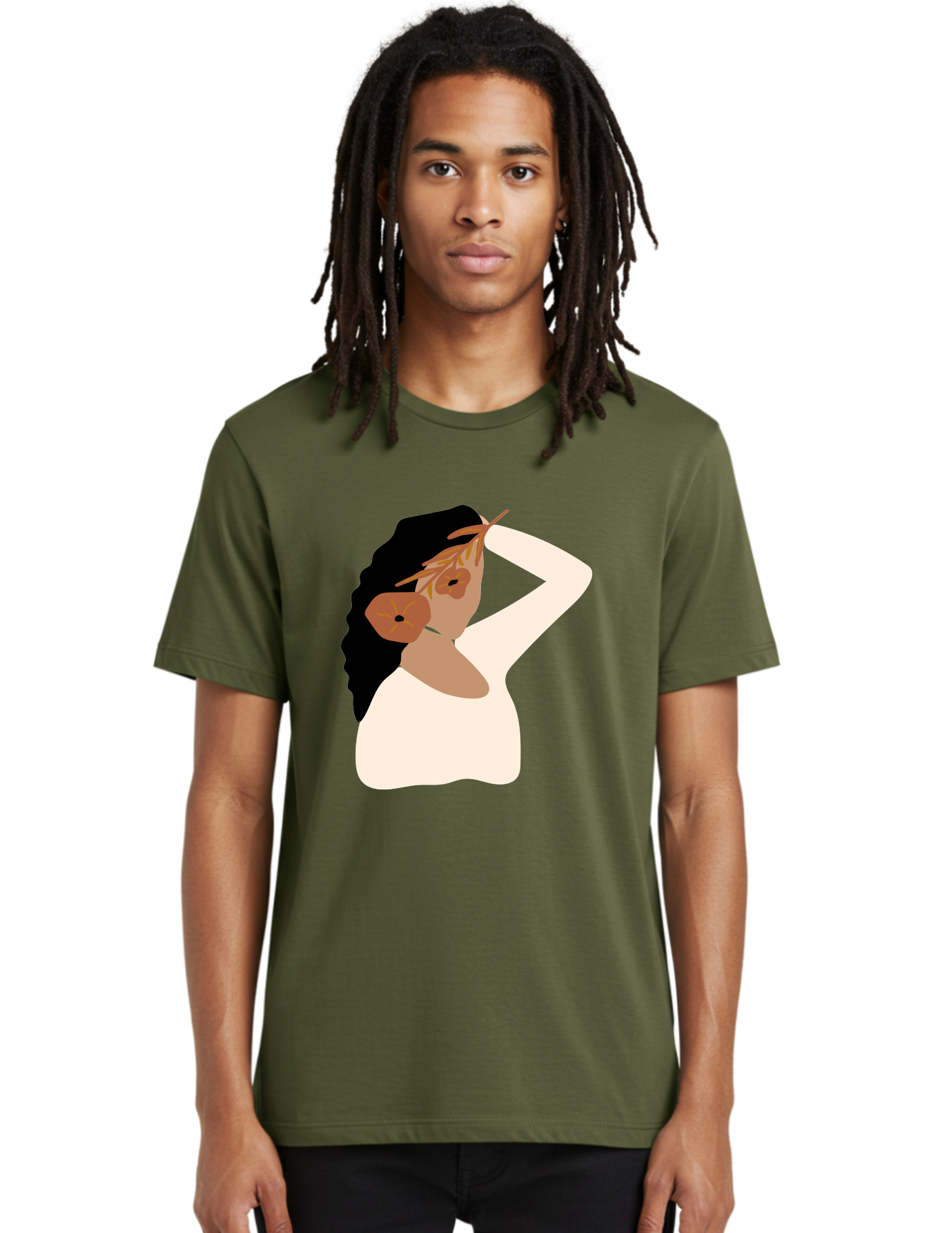 Woman-With-Flower-Earrings Men'S Graphic Tee, 100% Cotton, Comfortable Casual Summer Wear, Machine Washable, Woman With Comb In Hair, Stylized Portrait, Minimalist Art, Female Figure, Hair Accessory, Abstract Style, Modern Illustration, Aae072