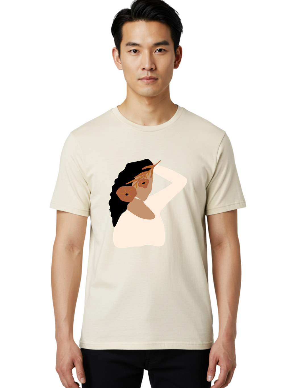 Woman-With-Flower-Earrings Men'S Graphic Tee, 100% Cotton, Comfortable Casual Summer Wear, Machine Washable, Woman With Comb In Hair, Stylized Portrait, Minimalist Art, Female Figure, Hair Accessory, Abstract Style, Modern Illustration, Aae072