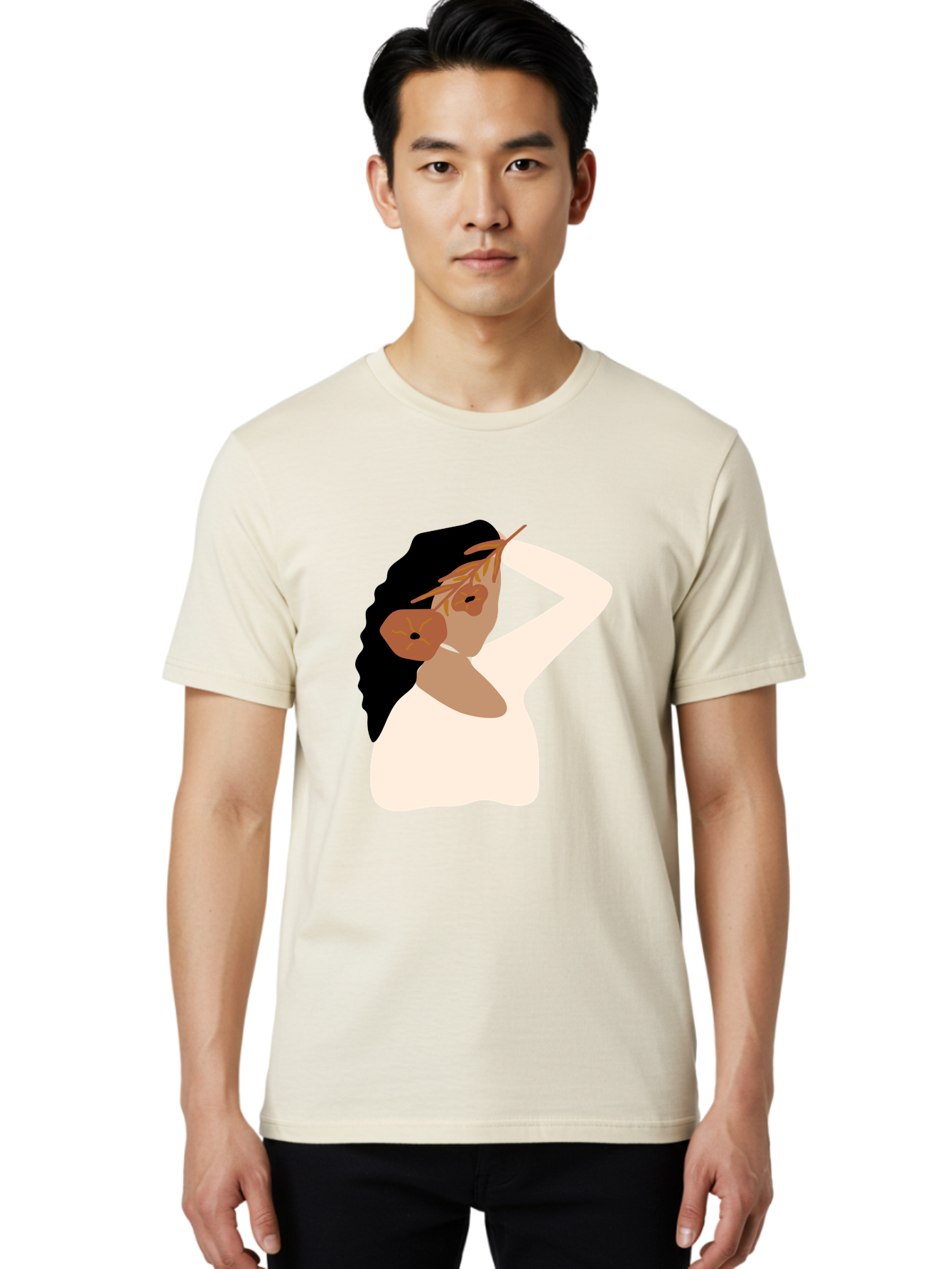 Woman-With-Flower-Earrings Men'S Graphic Tee, 100% Cotton, Comfortable Casual Summer Wear, Machine Washable, Woman With Comb In Hair, Stylized Portrait, Minimalist Art, Female Figure, Hair Accessory, Abstract Style, Modern Illustration, Aae072