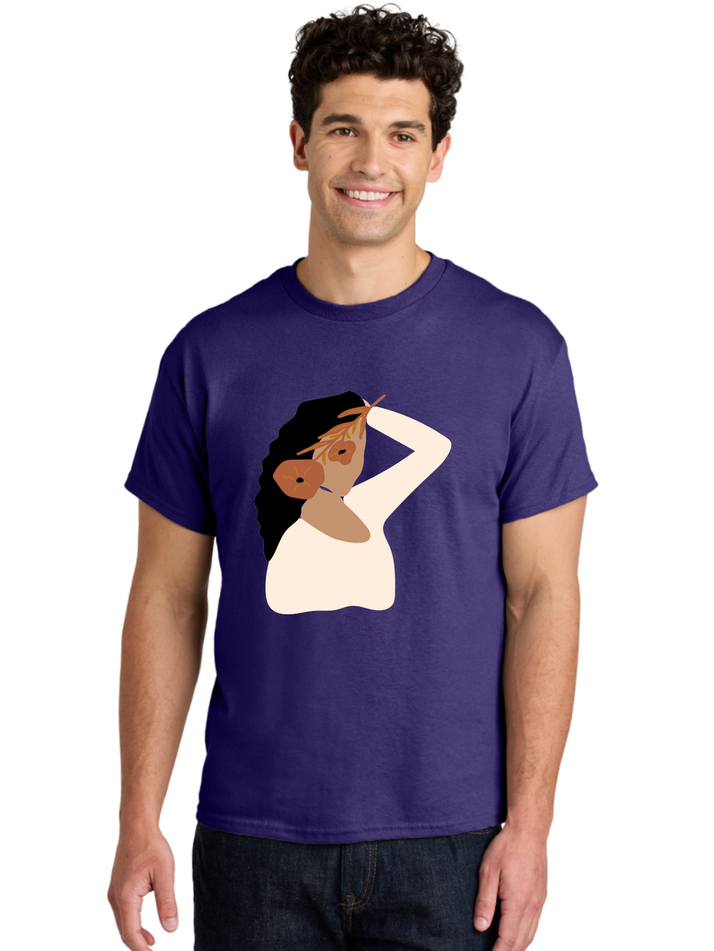 Woman-With-Flower-Earrings Men'S Graphic Tee, 100% Cotton, Comfortable Casual Summer Wear, Machine Washable, Woman With Comb In Hair, Stylized Portrait, Minimalist Art, Female Figure, Hair Accessory, Abstract Style, Modern Illustration, Aae072