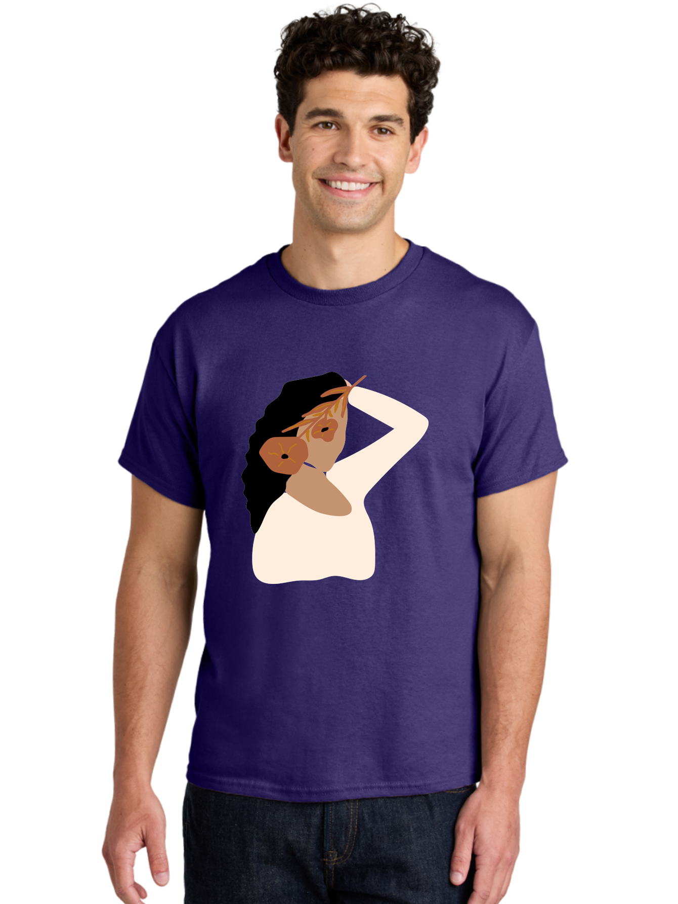Woman-With-Flower-Earrings Men'S Graphic Tee, 100% Cotton, Comfortable Casual Summer Wear, Machine Washable, Woman With Comb In Hair, Stylized Portrait, Minimalist Art, Female Figure, Hair Accessory, Abstract Style, Modern Illustration, Aae072