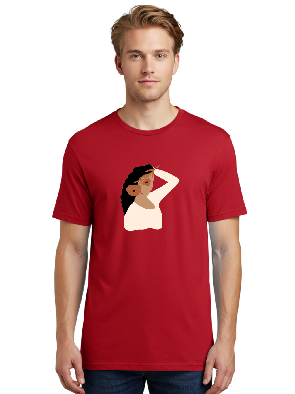 Woman-With-Flower-Earrings Men'S Graphic Tee, 100% Cotton, Comfortable Casual Summer Wear, Machine Washable, Woman With Comb In Hair, Stylized Portrait, Minimalist Art, Female Figure, Hair Accessory, Abstract Style, Modern Illustration, Aae072