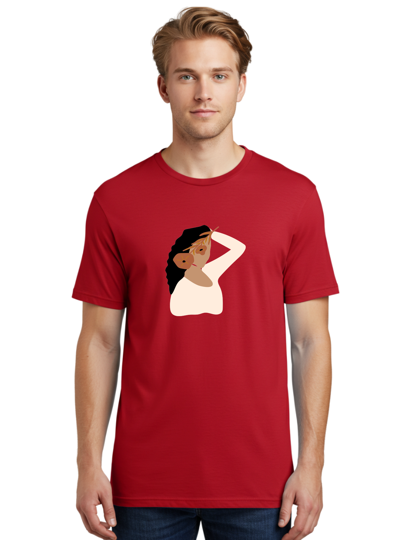 Woman-With-Flower-Earrings Men'S Graphic Tee, 100% Cotton, Comfortable Casual Summer Wear, Machine Washable, Woman With Comb In Hair, Stylized Portrait, Minimalist Art, Female Figure, Hair Accessory, Abstract Style, Modern Illustration, Aae072