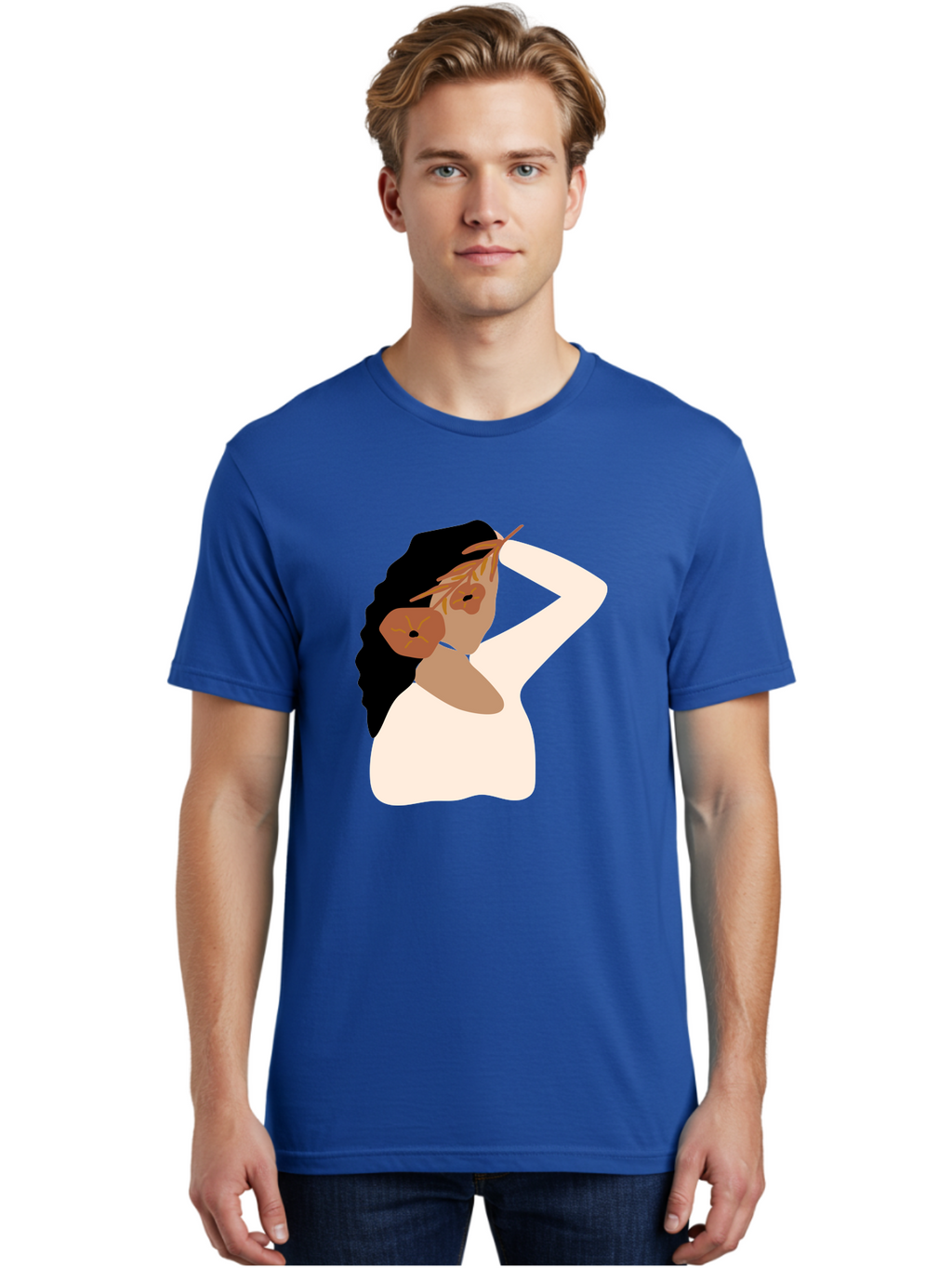 Woman-With-Flower-Earrings Men'S Graphic Tee, 100% Cotton, Comfortable Casual Summer Wear, Machine Washable, Woman With Comb In Hair, Stylized Portrait, Minimalist Art, Female Figure, Hair Accessory, Abstract Style, Modern Illustration, Aae072