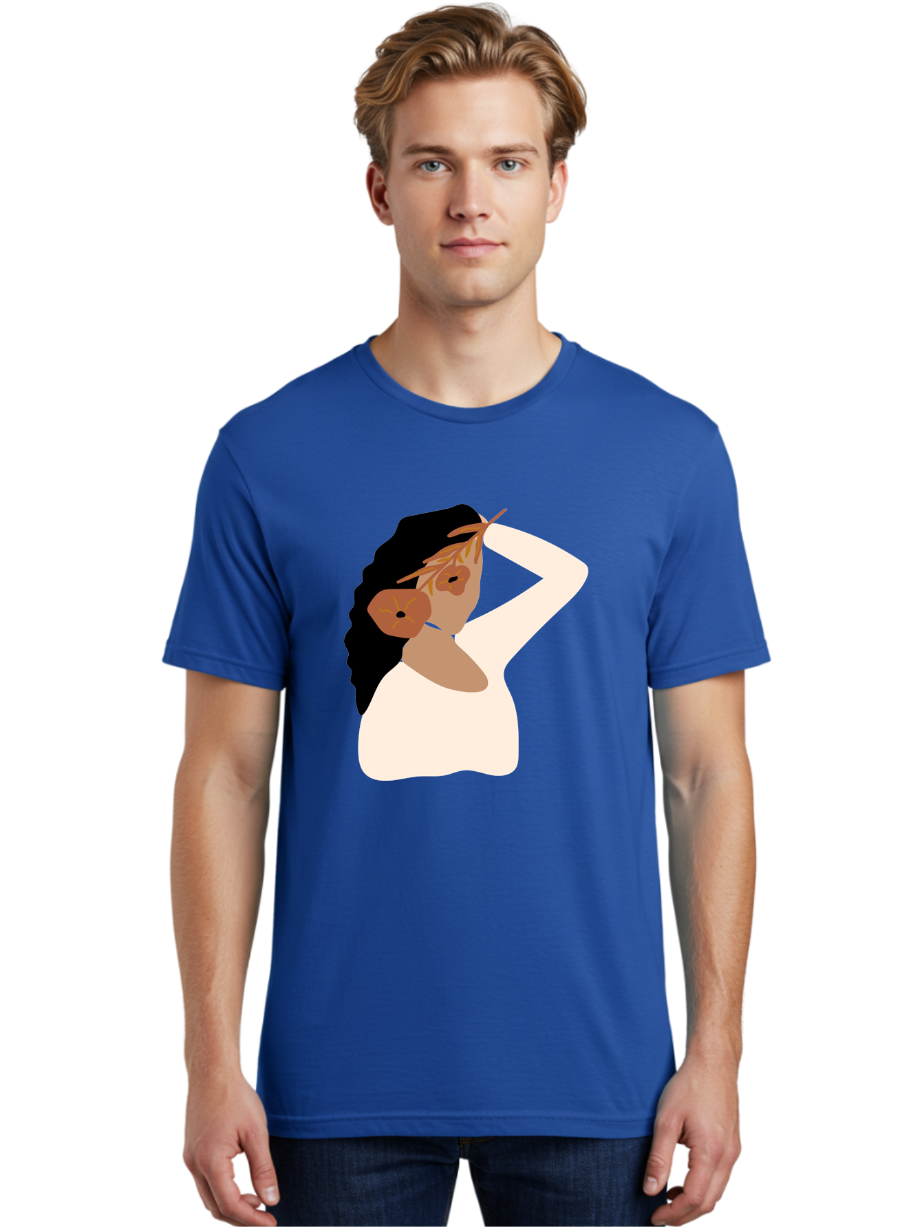 Woman-With-Flower-Earrings Men'S Graphic Tee, 100% Cotton, Comfortable Casual Summer Wear, Machine Washable, Woman With Comb In Hair, Stylized Portrait, Minimalist Art, Female Figure, Hair Accessory, Abstract Style, Modern Illustration, Aae072