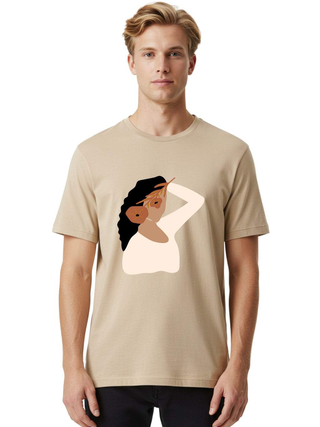 Woman-With-Flower-Earrings Men'S Graphic Tee, 100% Cotton, Comfortable Casual Summer Wear, Machine Washable, Woman With Comb In Hair, Stylized Portrait, Minimalist Art, Female Figure, Hair Accessory, Abstract Style, Modern Illustration, Aae072