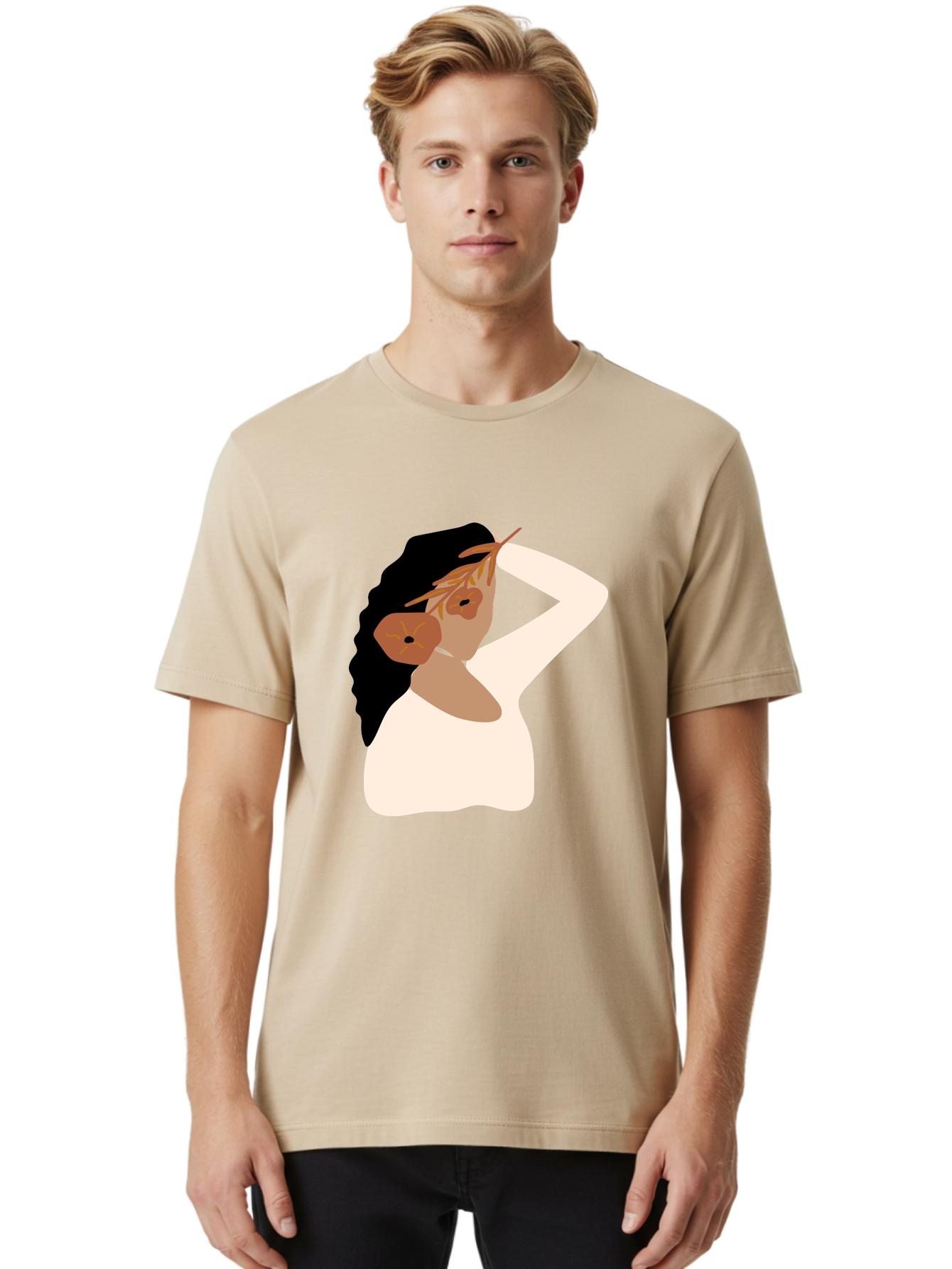 Woman-With-Flower-Earrings Men'S Graphic Tee, 100% Cotton, Comfortable Casual Summer Wear, Machine Washable, Woman With Comb In Hair, Stylized Portrait, Minimalist Art, Female Figure, Hair Accessory, Abstract Style, Modern Illustration, Aae072