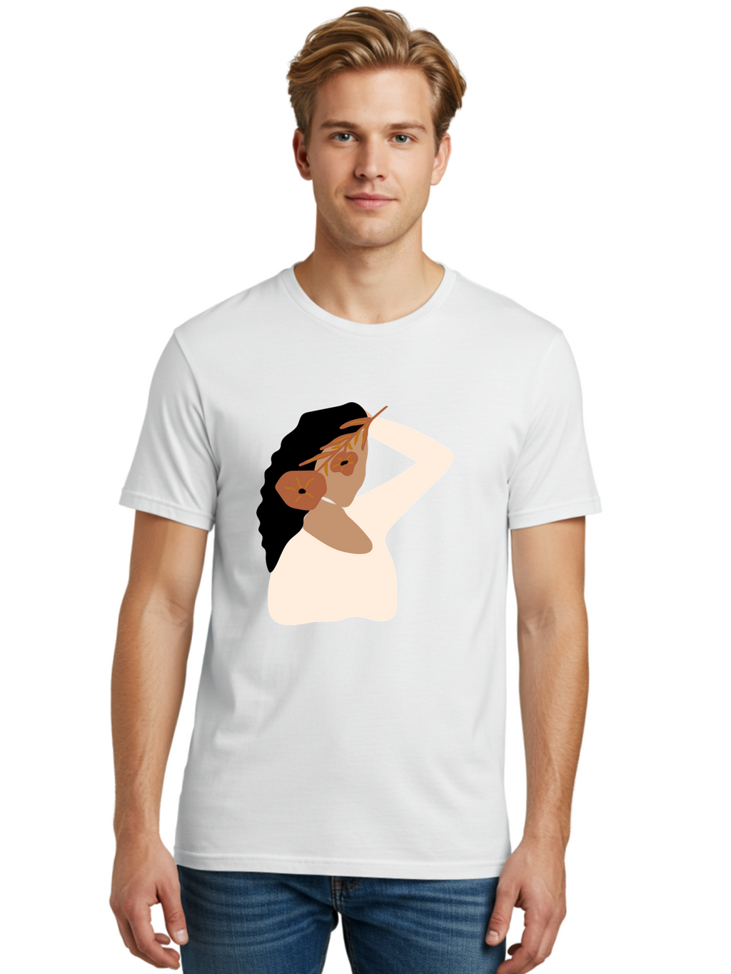 Woman-With-Flower-Earrings Men'S Graphic Tee, 100% Cotton, Comfortable Casual Summer Wear, Machine Washable, Woman With Comb In Hair, Stylized Portrait, Minimalist Art, Female Figure, Hair Accessory, Abstract Style, Modern Illustration, Aae072