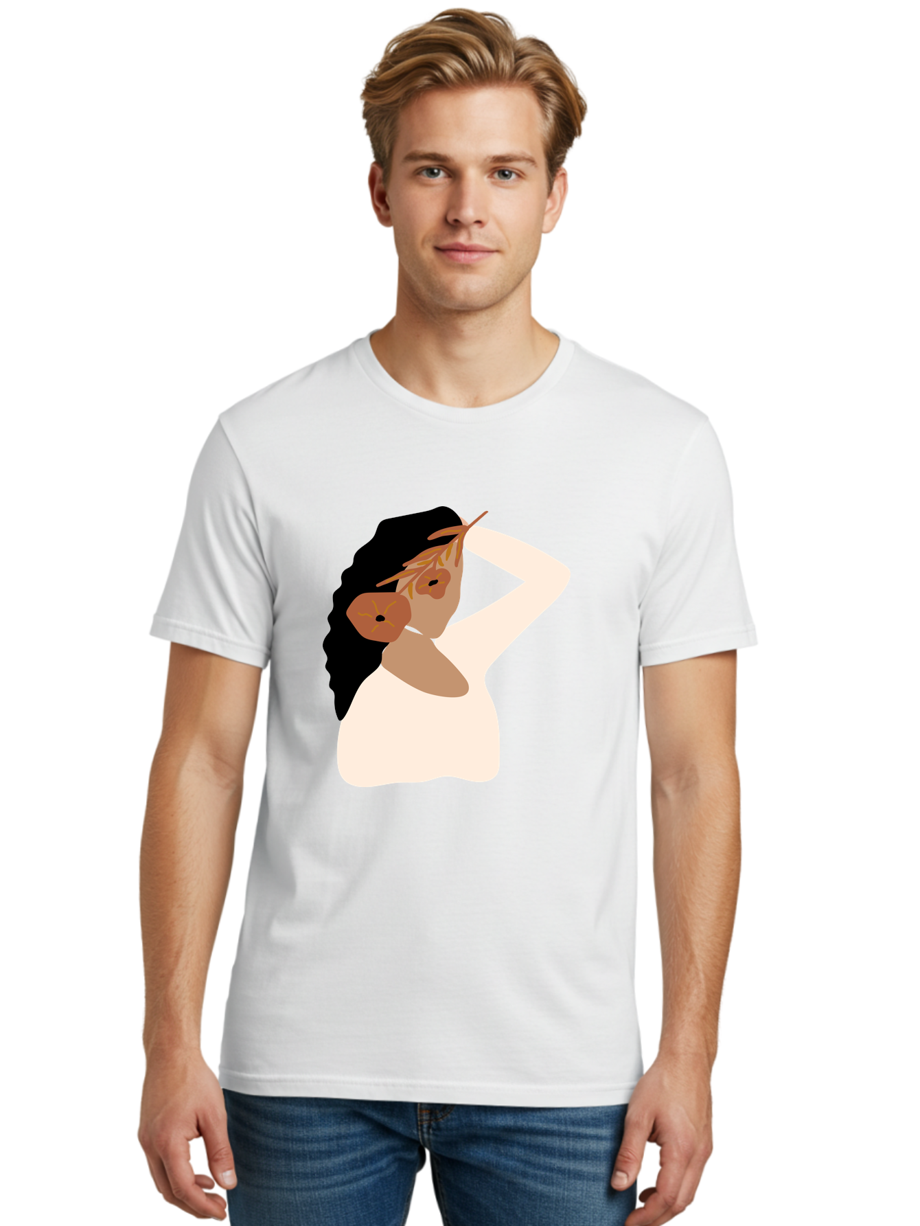 Woman-With-Flower-Earrings Men'S Graphic Tee, 100% Cotton, Comfortable Casual Summer Wear, Machine Washable, Woman With Comb In Hair, Stylized Portrait, Minimalist Art, Female Figure, Hair Accessory, Abstract Style, Modern Illustration, Aae072