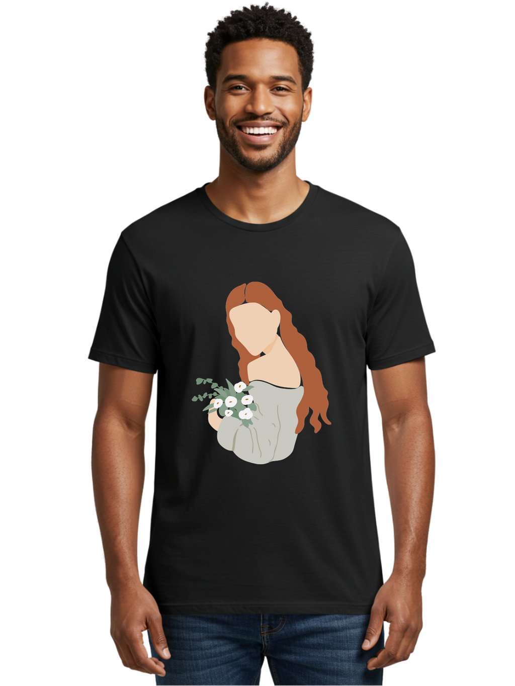 Woman-With-Flowers-1 Men'S Graphic Tee, 100% Cotton, Comfortable Casual Summer Wear, Machine Washable, Woman Holding Flowers, White Flowers, Long Red Hair, Braided Hairstyle, Grey Dress, Elegant, Femininity, Simplicity, Floral Arrangement, Aae073
