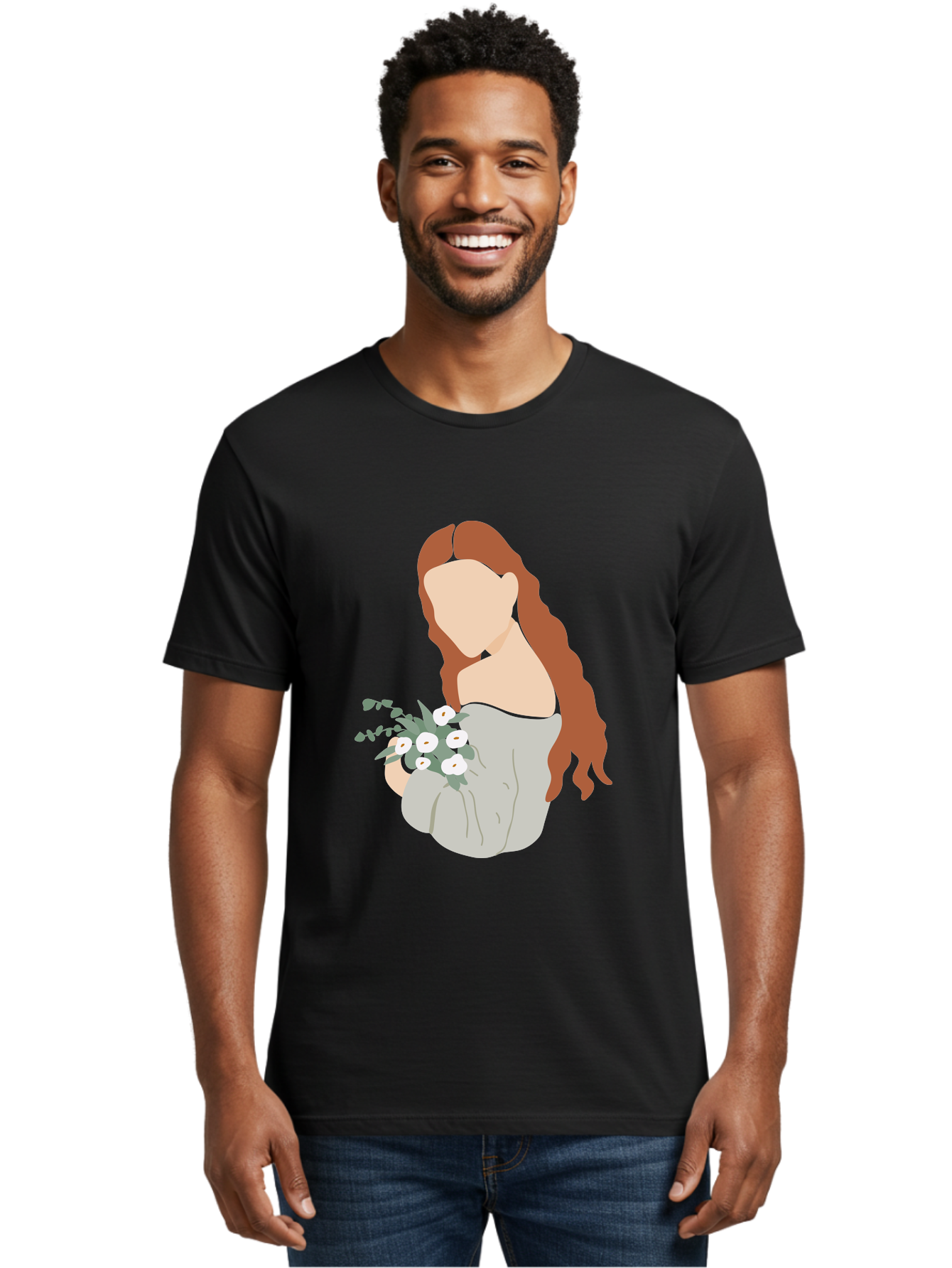 Woman-With-Flowers-1 Men'S Graphic Tee, 100% Cotton, Comfortable Casual Summer Wear, Machine Washable, Woman Holding Flowers, White Flowers, Long Red Hair, Braided Hairstyle, Grey Dress, Elegant, Femininity, Simplicity, Floral Arrangement, Aae073