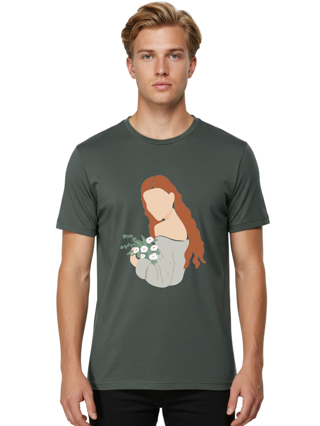 Woman-With-Flowers-1 Men'S Graphic Tee, 100% Cotton, Comfortable Casual Summer Wear, Machine Washable, Woman Holding Flowers, White Flowers, Long Red Hair, Braided Hairstyle, Grey Dress, Elegant, Femininity, Simplicity, Floral Arrangement, Aae073