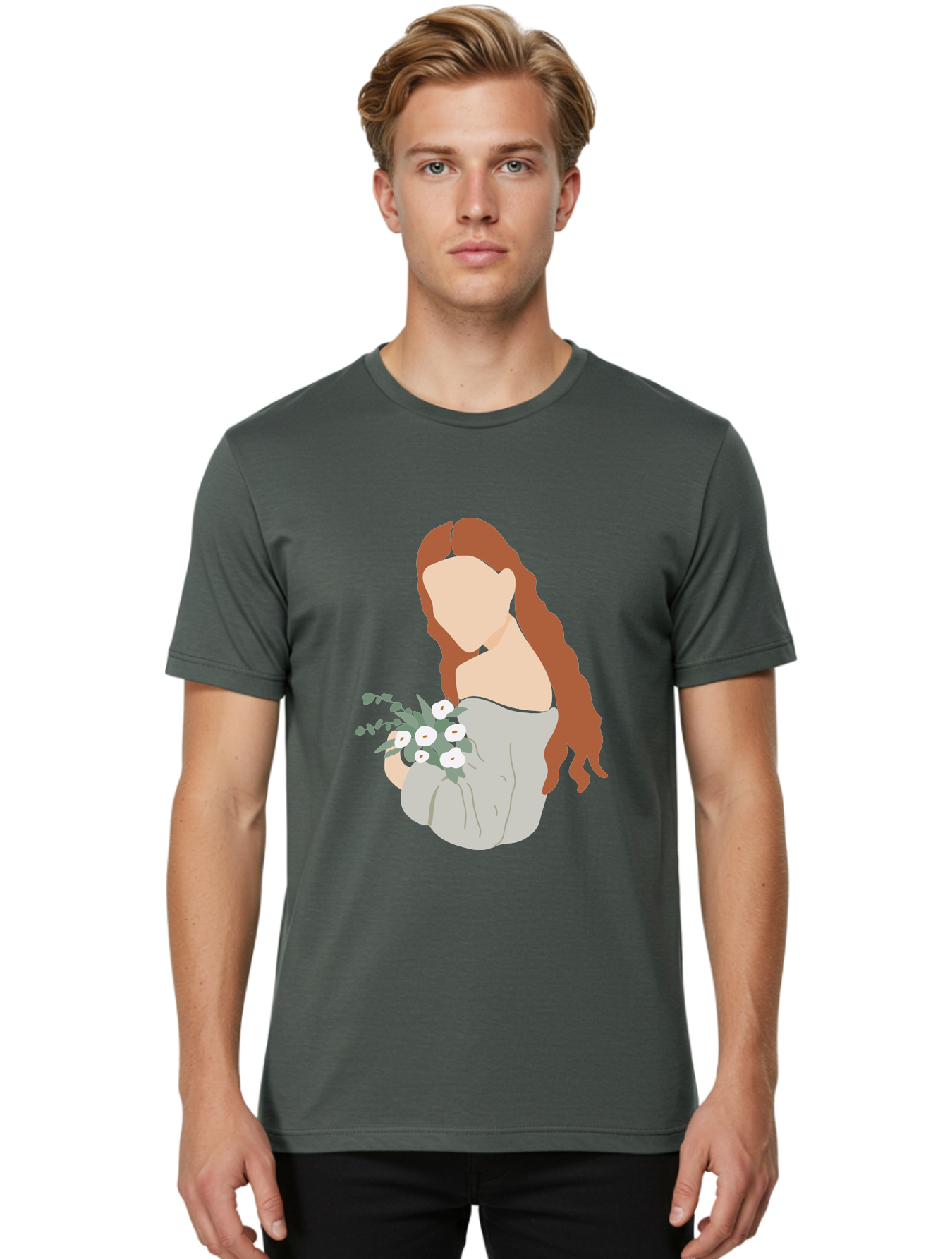 Woman-With-Flowers-1 Men'S Graphic Tee, 100% Cotton, Comfortable Casual Summer Wear, Machine Washable, Woman Holding Flowers, White Flowers, Long Red Hair, Braided Hairstyle, Grey Dress, Elegant, Femininity, Simplicity, Floral Arrangement, Aae073
