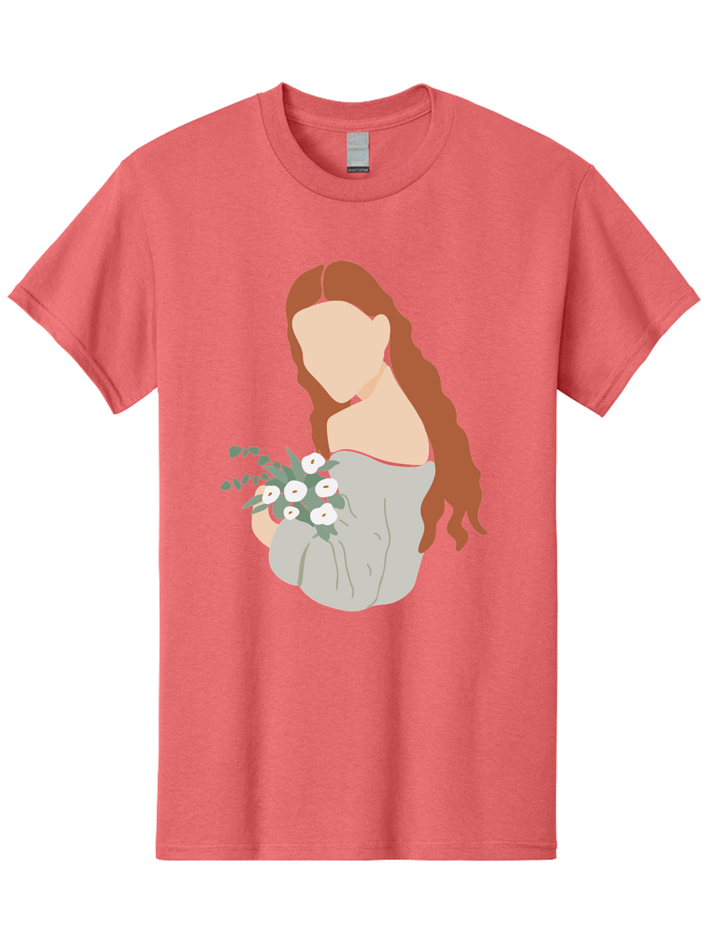 Woman-With-Flowers-1 Men'S Graphic Tee, 100% Cotton, Comfortable Casual Summer Wear, Machine Washable, Woman Holding Flowers, White Flowers, Long Red Hair, Braided Hairstyle, Grey Dress, Elegant, Femininity, Simplicity, Floral Arrangement, Aae073