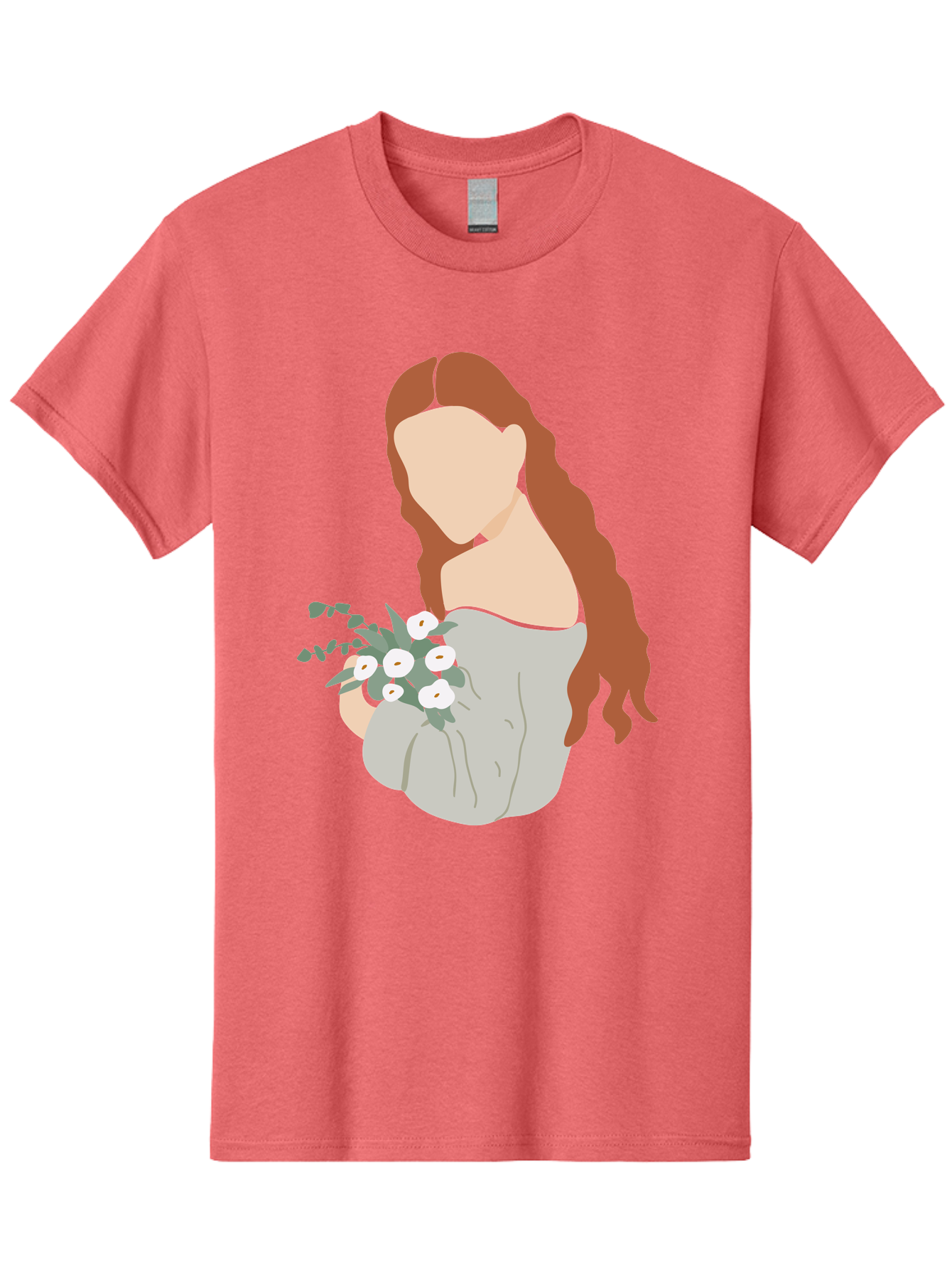 Woman-With-Flowers-1 Men'S Graphic Tee, 100% Cotton, Comfortable Casual Summer Wear, Machine Washable, Woman Holding Flowers, White Flowers, Long Red Hair, Braided Hairstyle, Grey Dress, Elegant, Femininity, Simplicity, Floral Arrangement, Aae073