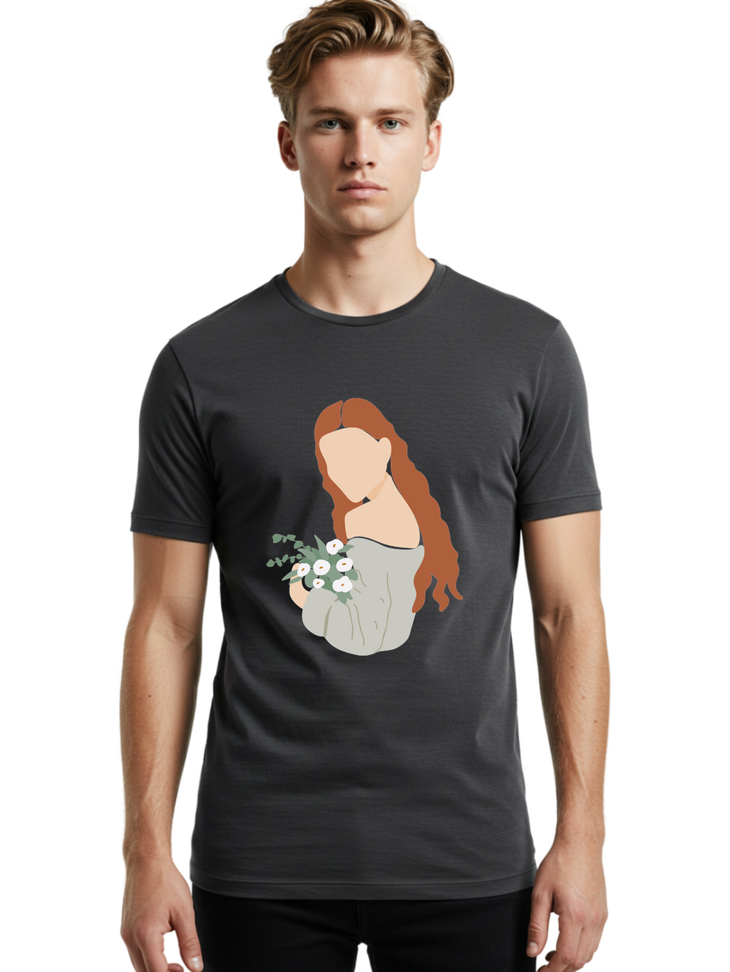 Woman-With-Flowers-1 Men'S Graphic Tee, 100% Cotton, Comfortable Casual Summer Wear, Machine Washable, Woman Holding Flowers, White Flowers, Long Red Hair, Braided Hairstyle, Grey Dress, Elegant, Femininity, Simplicity, Floral Arrangement, Aae073