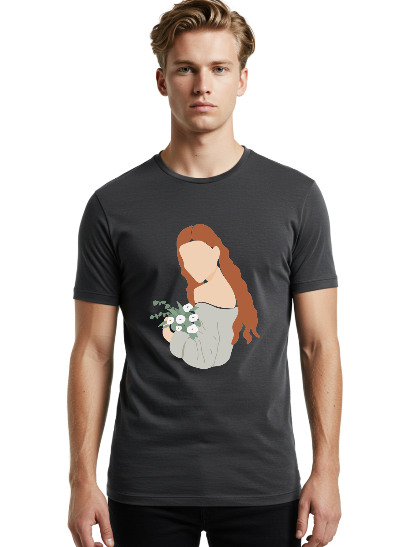 Woman-With-Flowers-1 Men'S Graphic Tee, 100% Cotton, Comfortable Casual Summer Wear, Machine Washable, Woman Holding Flowers, White Flowers, Long Red Hair, Braided Hairstyle, Grey Dress, Elegant, Femininity, Simplicity, Floral Arrangement, Aae073