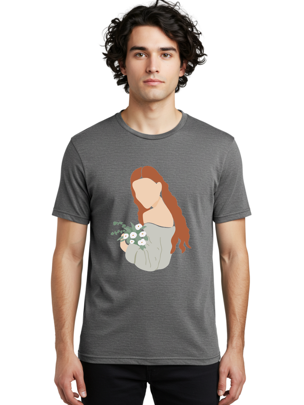 Woman-With-Flowers-1 Men'S Graphic Tee, 100% Cotton, Comfortable Casual Summer Wear, Machine Washable, Woman Holding Flowers, White Flowers, Long Red Hair, Braided Hairstyle, Grey Dress, Elegant, Femininity, Simplicity, Floral Arrangement, Aae073