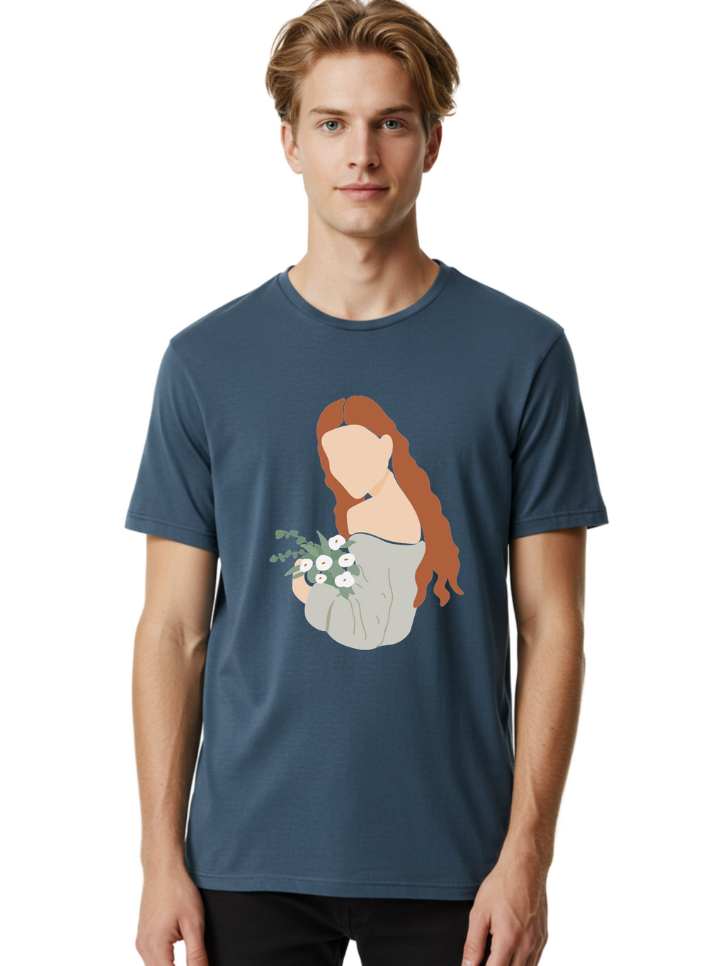 Woman-With-Flowers-1 Men'S Graphic Tee, 100% Cotton, Comfortable Casual Summer Wear, Machine Washable, Woman Holding Flowers, White Flowers, Long Red Hair, Braided Hairstyle, Grey Dress, Elegant, Femininity, Simplicity, Floral Arrangement, Aae073