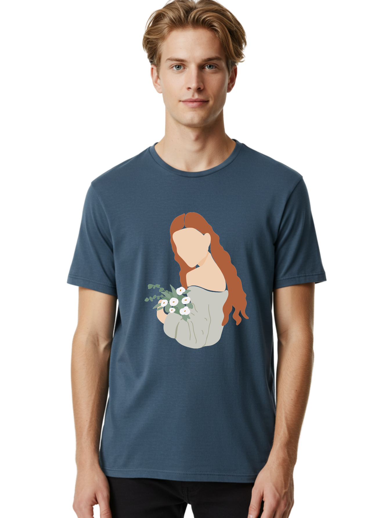 Woman-With-Flowers-1 Men'S Graphic Tee, 100% Cotton, Comfortable Casual Summer Wear, Machine Washable, Woman Holding Flowers, White Flowers, Long Red Hair, Braided Hairstyle, Grey Dress, Elegant, Femininity, Simplicity, Floral Arrangement, Aae073