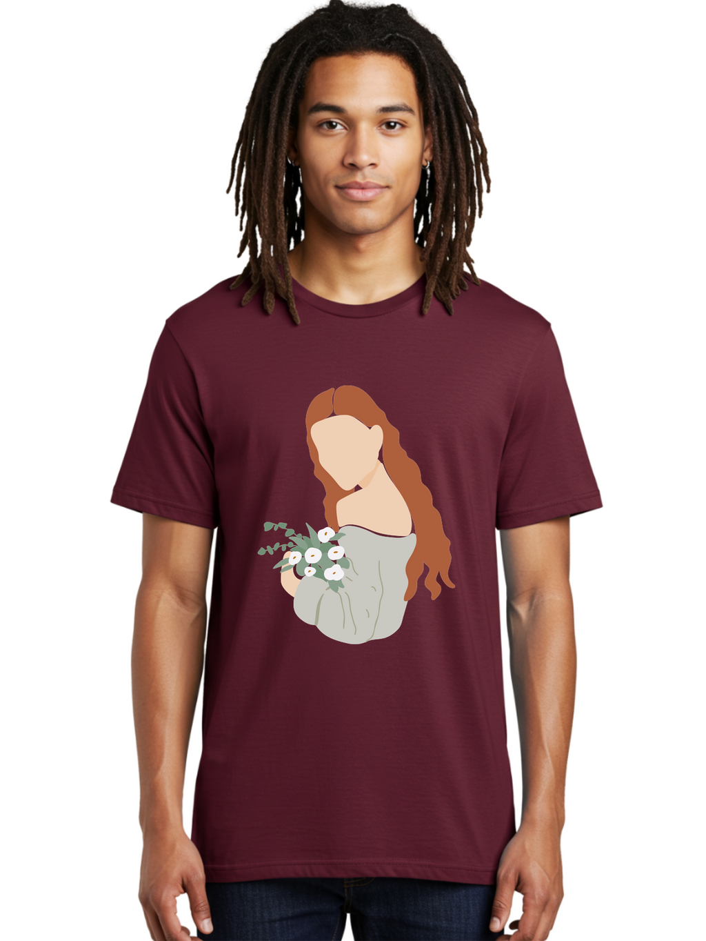 Woman-With-Flowers-1 Men'S Graphic Tee, 100% Cotton, Comfortable Casual Summer Wear, Machine Washable, Woman Holding Flowers, White Flowers, Long Red Hair, Braided Hairstyle, Grey Dress, Elegant, Femininity, Simplicity, Floral Arrangement, Aae073