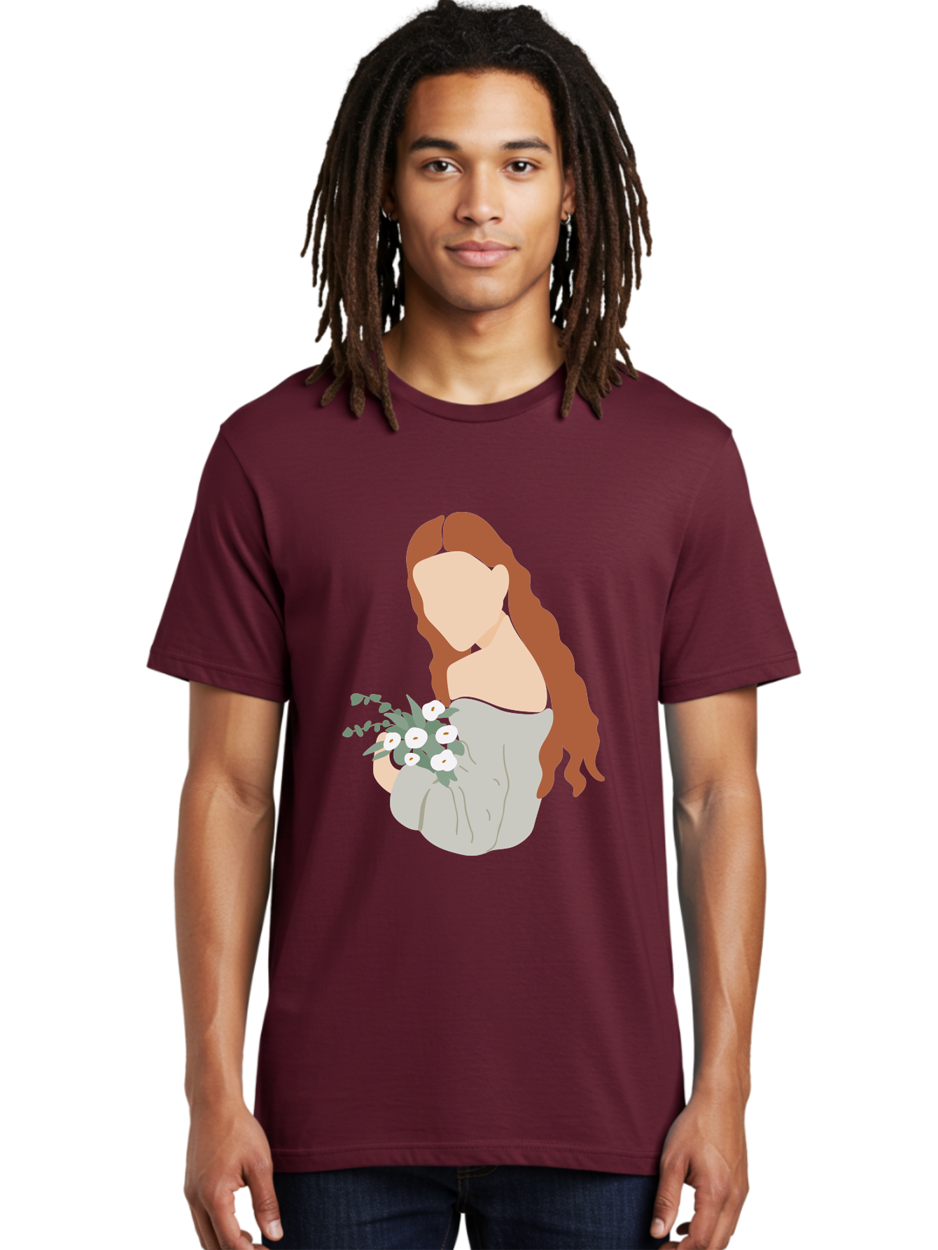 Woman-With-Flowers-1 Men'S Graphic Tee, 100% Cotton, Comfortable Casual Summer Wear, Machine Washable, Woman Holding Flowers, White Flowers, Long Red Hair, Braided Hairstyle, Grey Dress, Elegant, Femininity, Simplicity, Floral Arrangement, Aae073