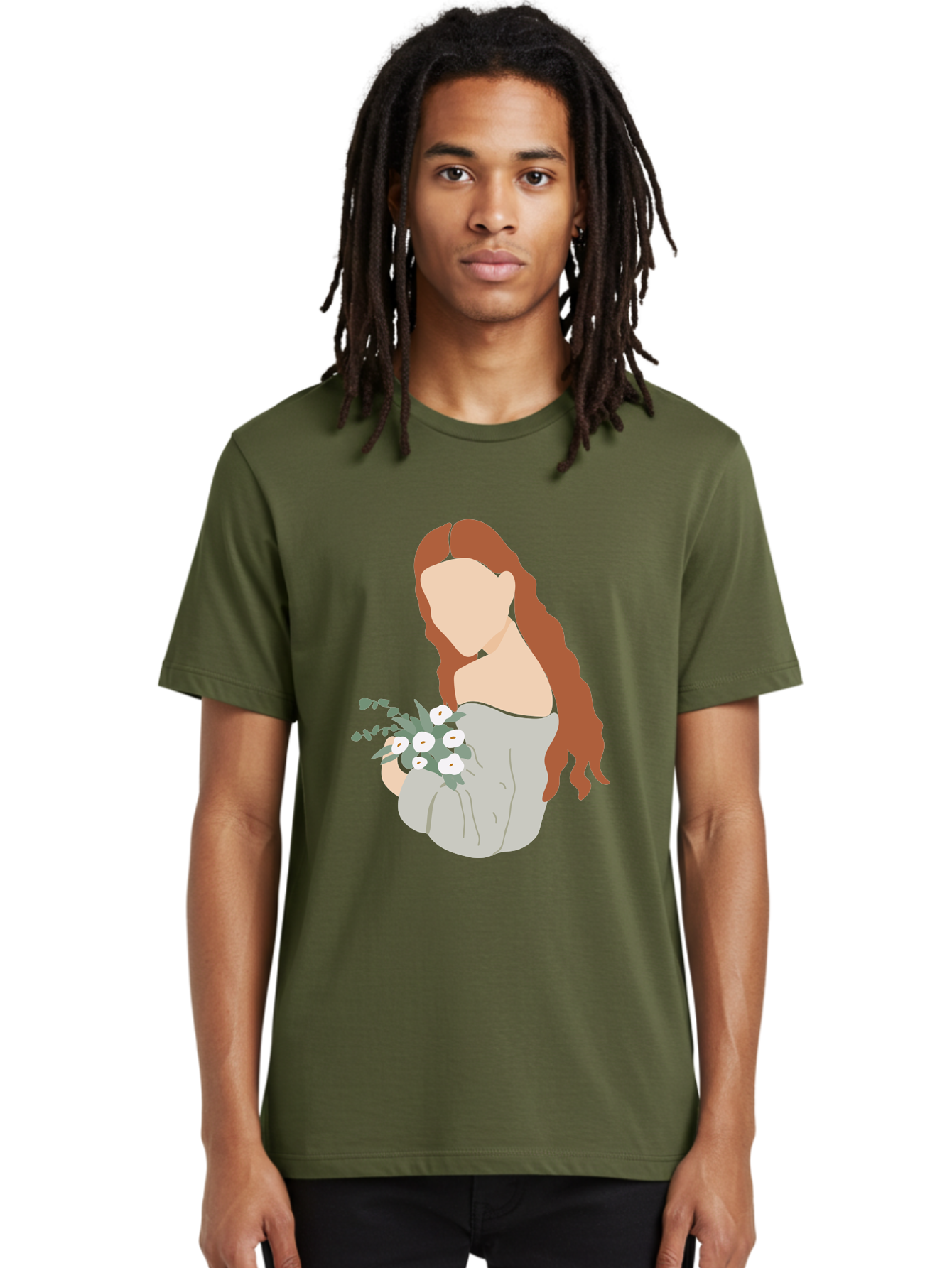 Woman-With-Flowers-1 Men'S Graphic Tee, 100% Cotton, Comfortable Casual Summer Wear, Machine Washable, Woman Holding Flowers, White Flowers, Long Red Hair, Braided Hairstyle, Grey Dress, Elegant, Femininity, Simplicity, Floral Arrangement, Aae073