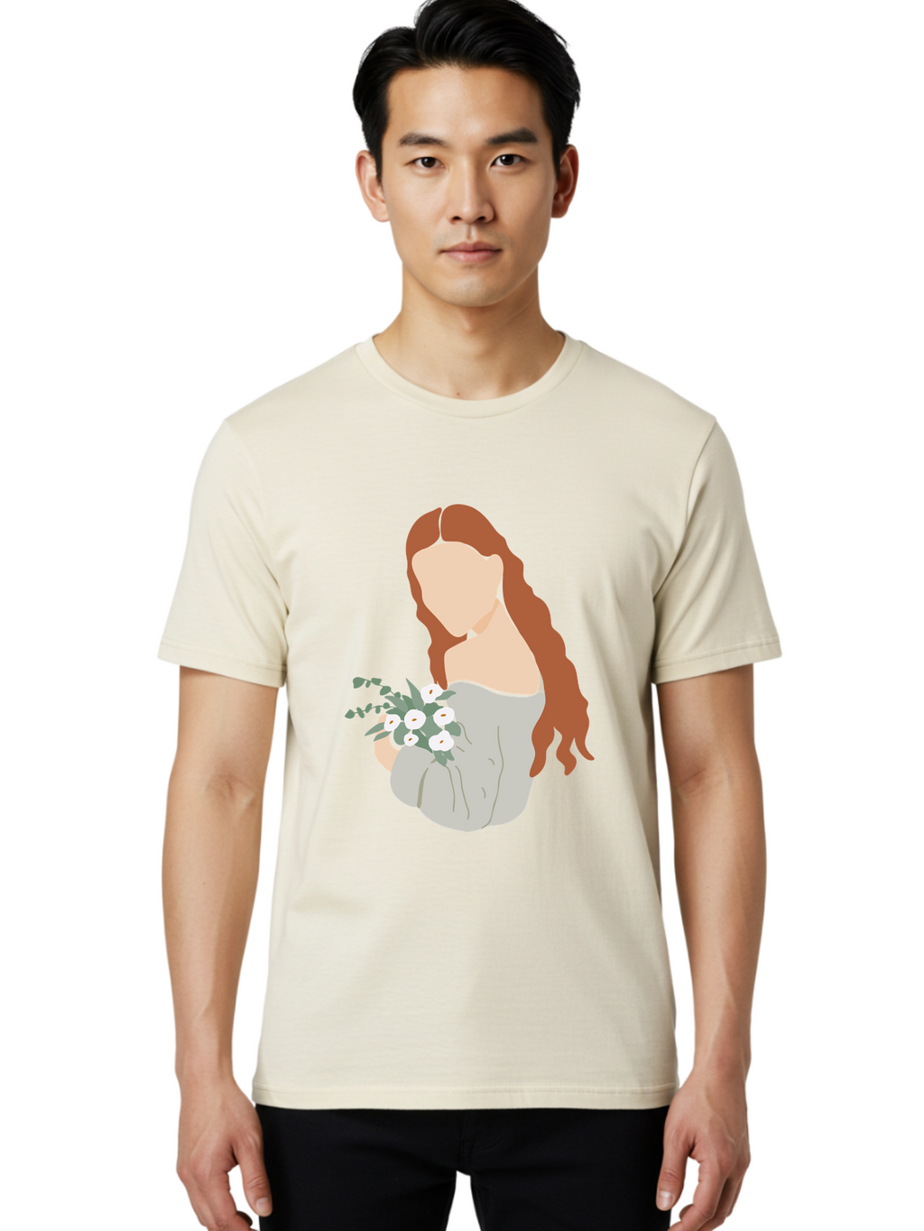 Woman-With-Flowers-1 Men'S Graphic Tee, 100% Cotton, Comfortable Casual Summer Wear, Machine Washable, Woman Holding Flowers, White Flowers, Long Red Hair, Braided Hairstyle, Grey Dress, Elegant, Femininity, Simplicity, Floral Arrangement, Aae073