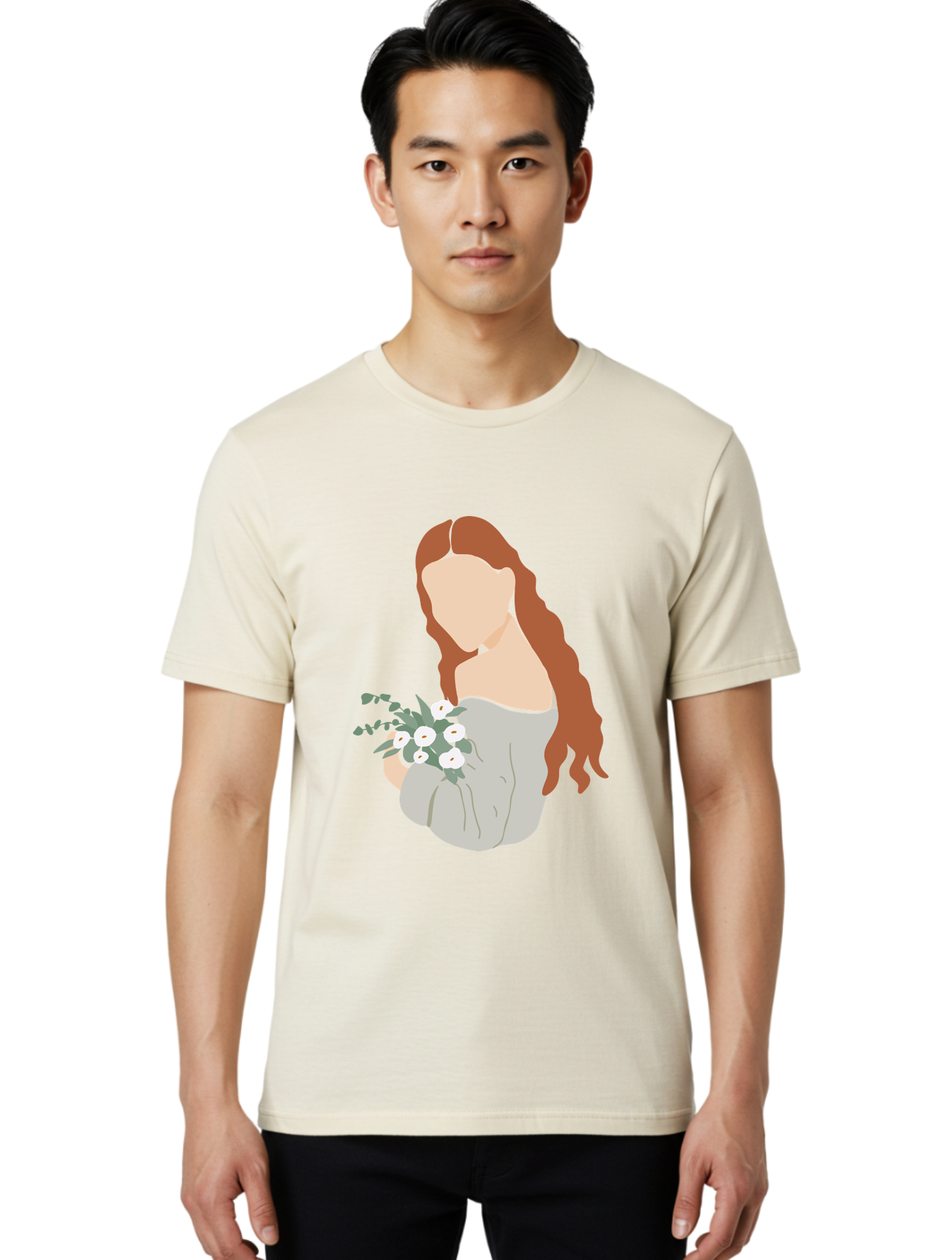 Woman-With-Flowers-1 Men'S Graphic Tee, 100% Cotton, Comfortable Casual Summer Wear, Machine Washable, Woman Holding Flowers, White Flowers, Long Red Hair, Braided Hairstyle, Grey Dress, Elegant, Femininity, Simplicity, Floral Arrangement, Aae073