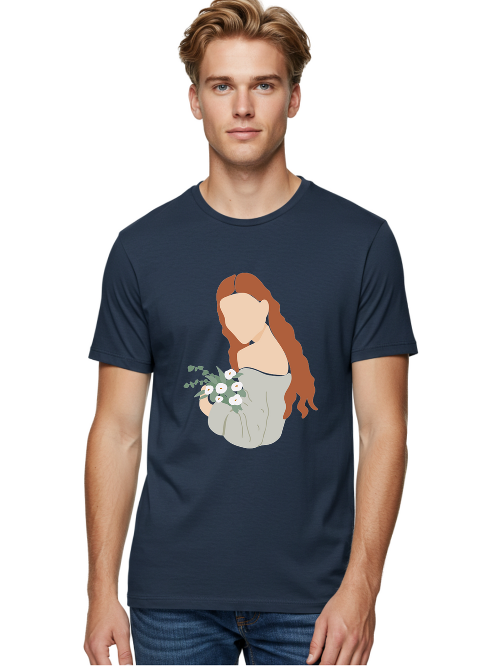 Woman-With-Flowers-1 Men'S Graphic Tee, 100% Cotton, Comfortable Casual Summer Wear, Machine Washable, Woman Holding Flowers, White Flowers, Long Red Hair, Braided Hairstyle, Grey Dress, Elegant, Femininity, Simplicity, Floral Arrangement, Aae073